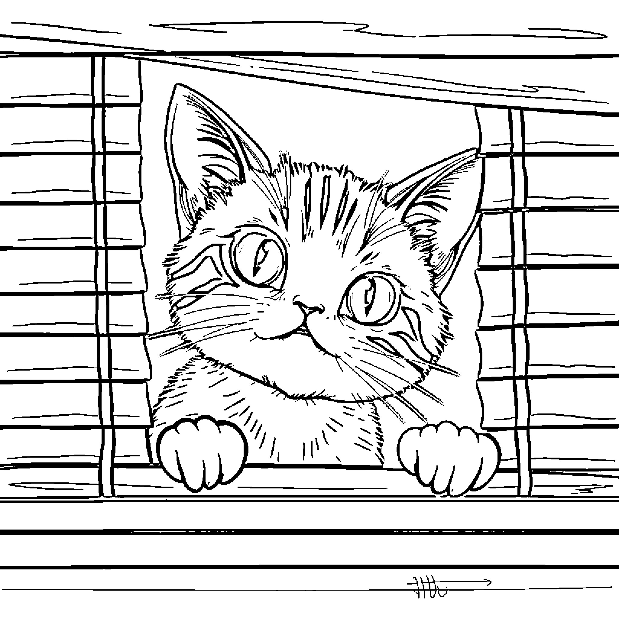 Cat peeking through window blinds Coloring Page (free black-and-white line drawing printable PDF for all, from beginners to advanced learners, including children, teens, adults, and seniors)