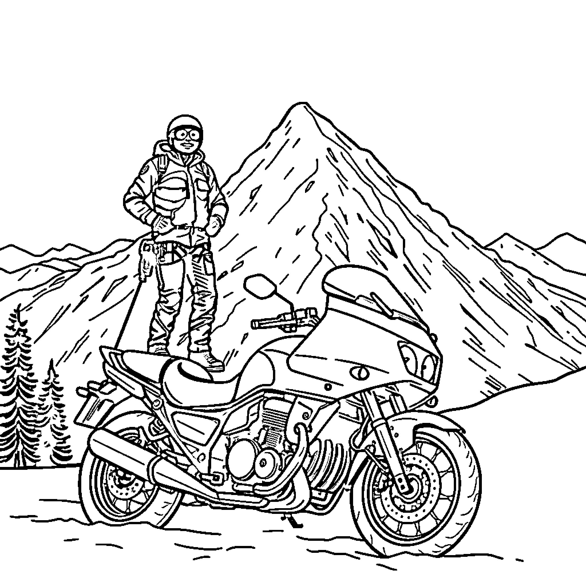 Ice Climber Ascending Rugged Mountain on Motorcycle Coloring Page (free black-and-white line drawing printable PDF for all, from beginners to advanced learners, including children, teens, adults, and seniors)