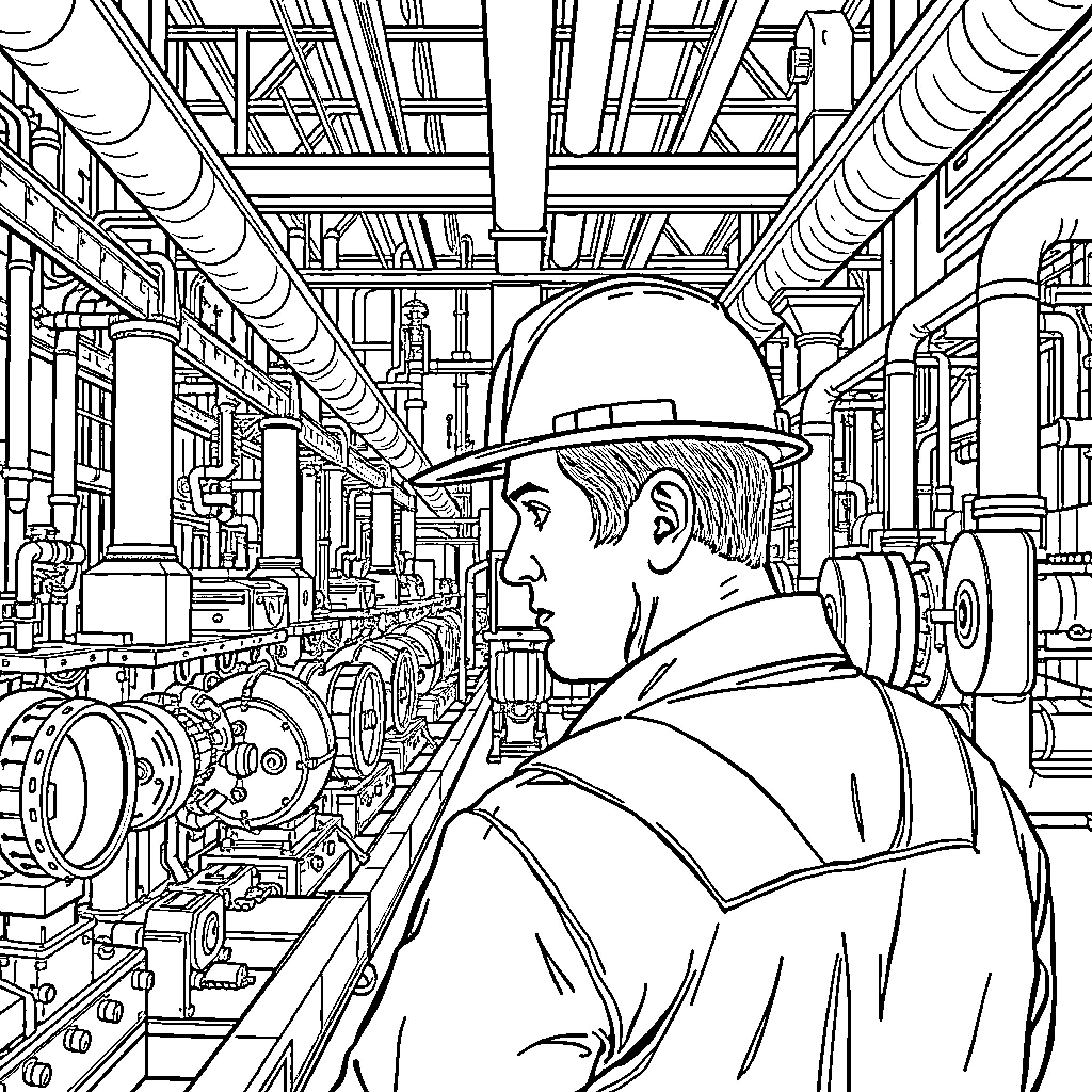 Man in Hardhat Surveying Industrial Plant Coloring Page (free black-and-white line drawing printable PDF for all, from beginners to advanced learners, including children, teens, adults, and seniors)