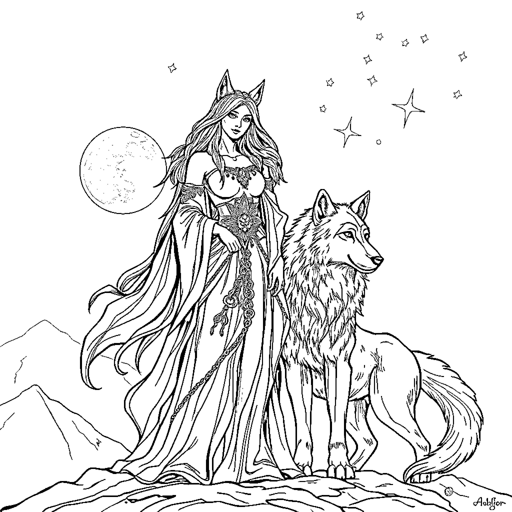 Wolf Lady in Mystical Attire and Companion Coloring Page (free black-and-white line drawing printable PDF for all, from beginners to advanced learners, including children, teens, adults, and seniors)
