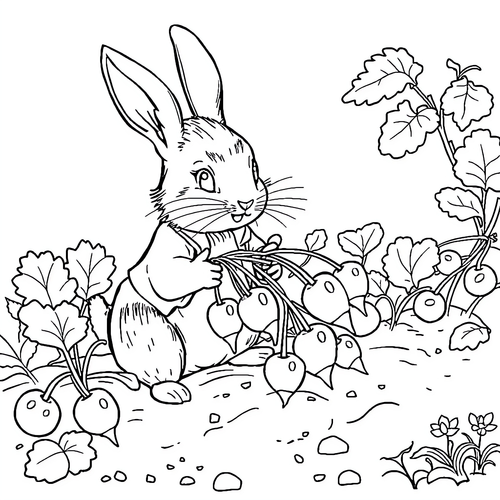 Peter Rabbit exploring a garden of produce Coloring Page (free black-and-white line drawing printable PDF for all, from beginners to advanced learners, including children, teens, adults, and seniors)