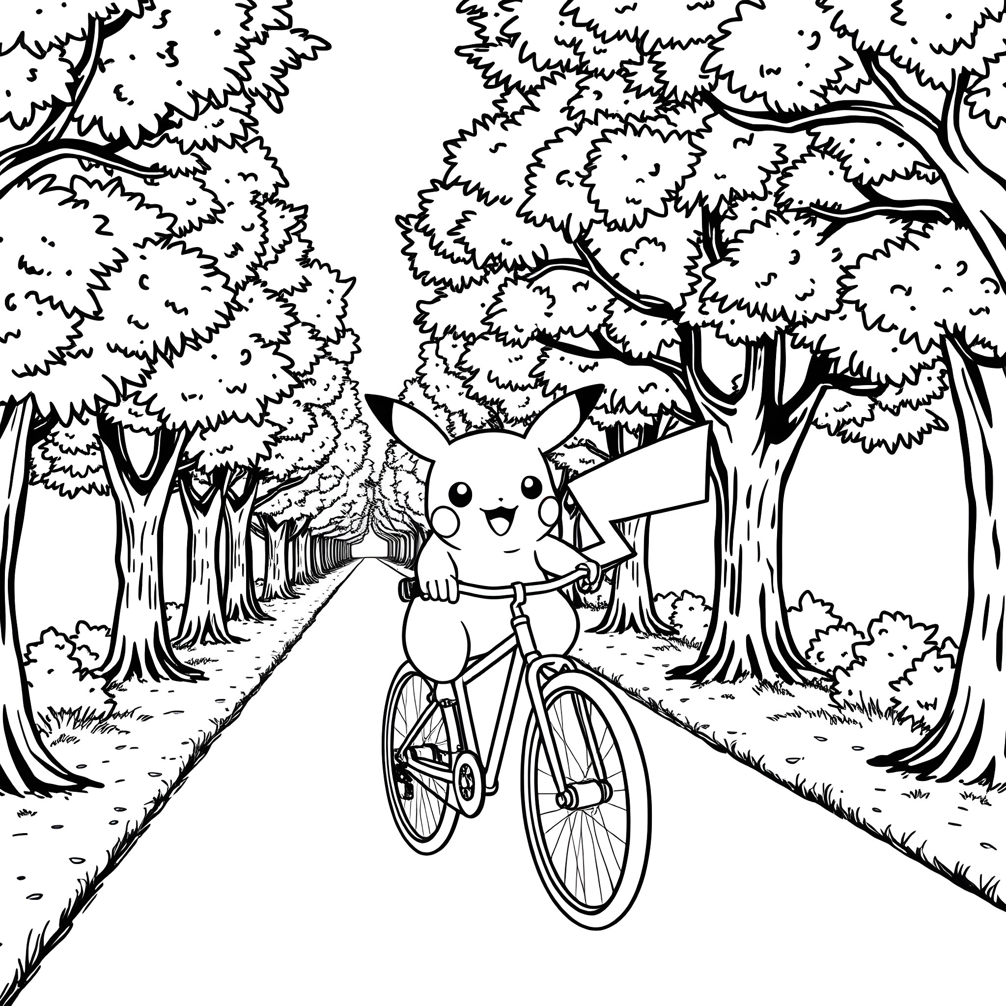 Pikachu happily riding a bicycle through the forest Coloring Page (free black-and-white line drawing printable PDF for all, from beginners to advanced learners, including children, teens, adults, and seniors)