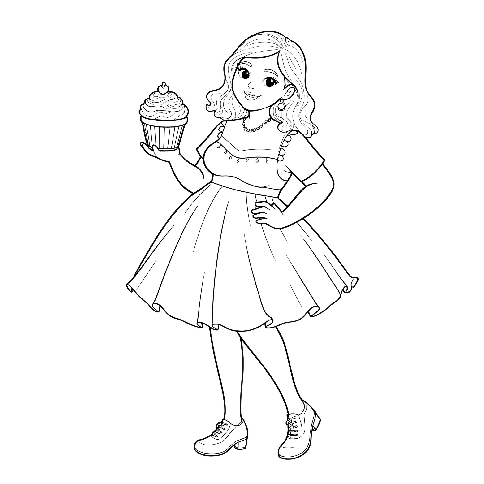 Girl holding a cupcake with a happy expression Coloring Page (free black-and-white line drawing printable PDF for all, from beginners to advanced learners, including children, teens, adults, and seniors)