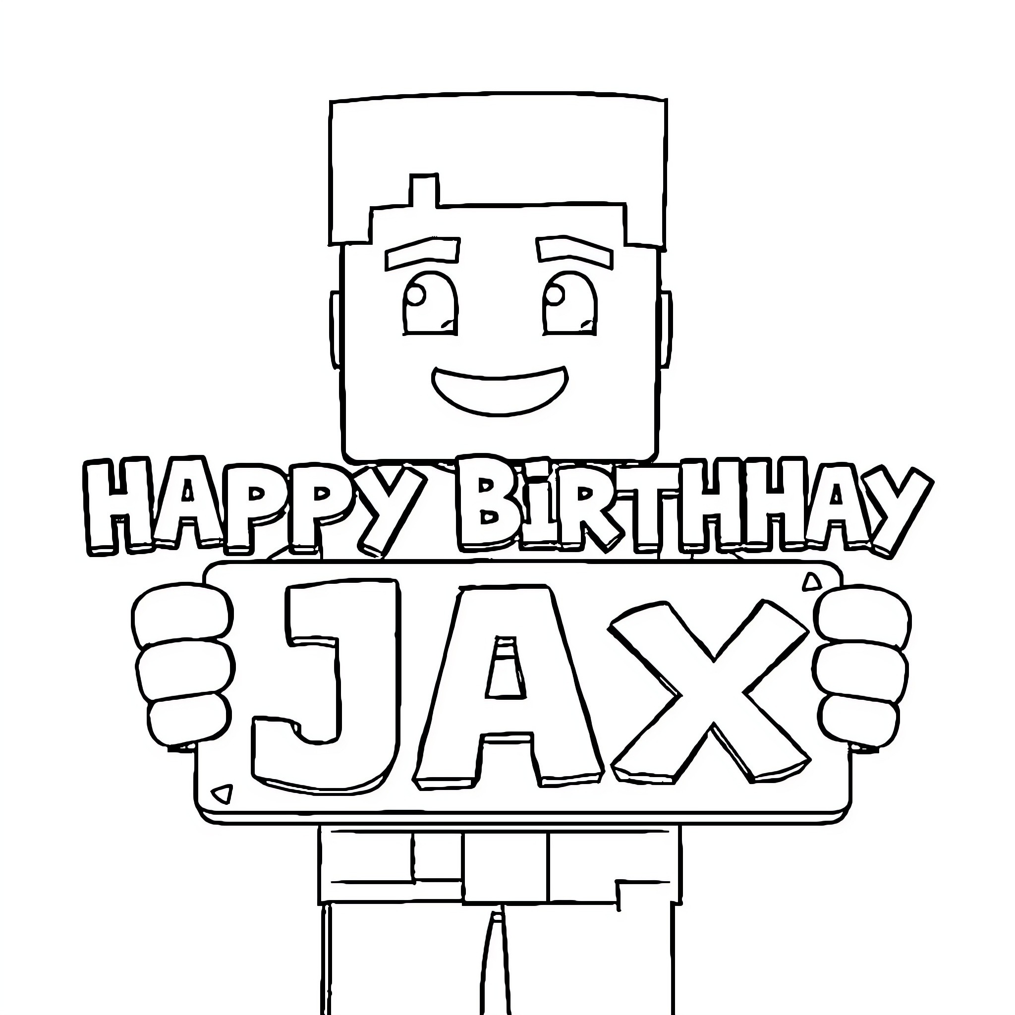 Steve holding a happy birthday sign for Jax Coloring Page (free black-and-white line drawing printable PDF for all, from beginners to advanced learners, including children, teens, adults, and seniors)