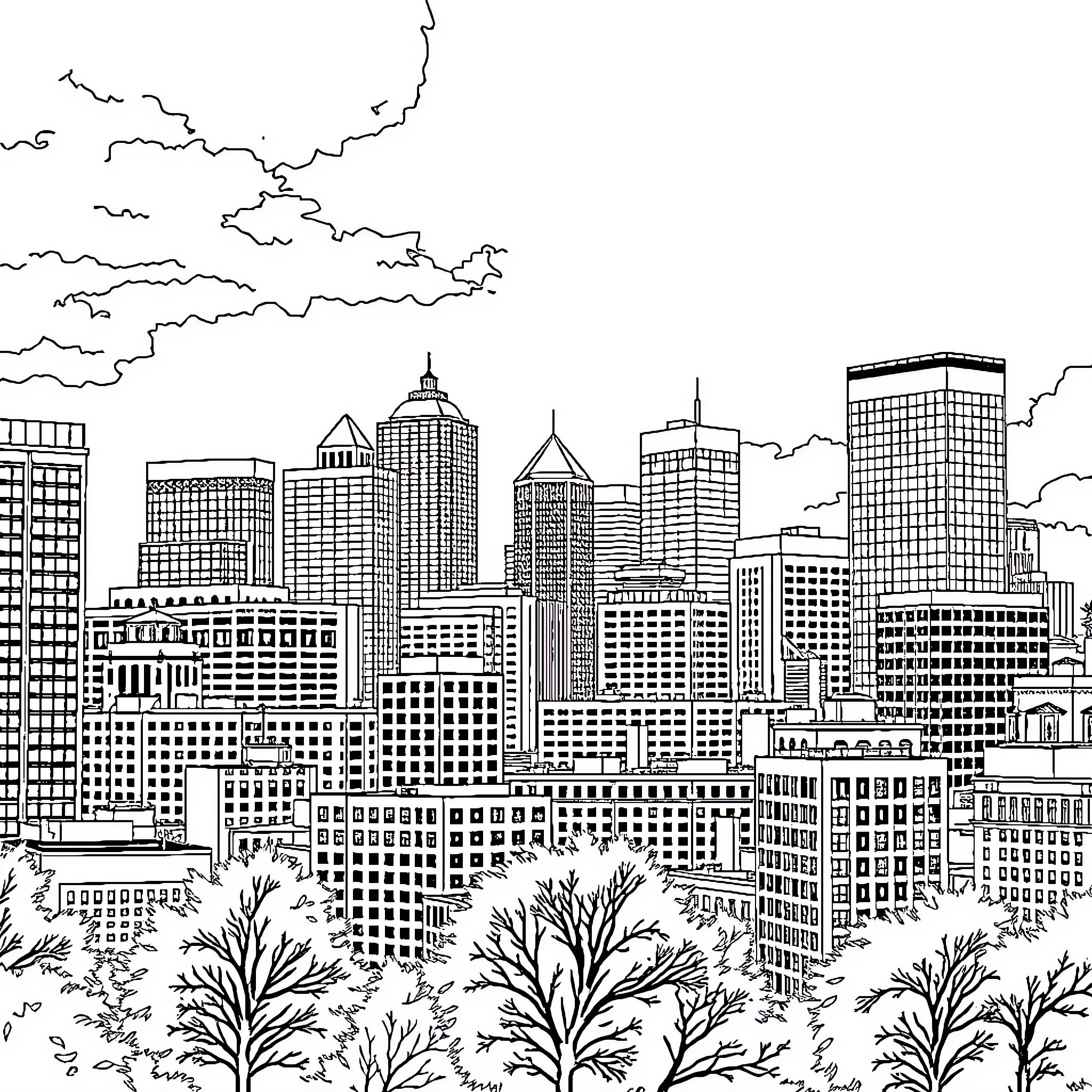 Baltimore's urban skyline with skyscrapers and trees Coloring Page (free black-and-white line drawing printable PDF for all, from beginners to advanced learners, including children, teens, adults, and seniors)