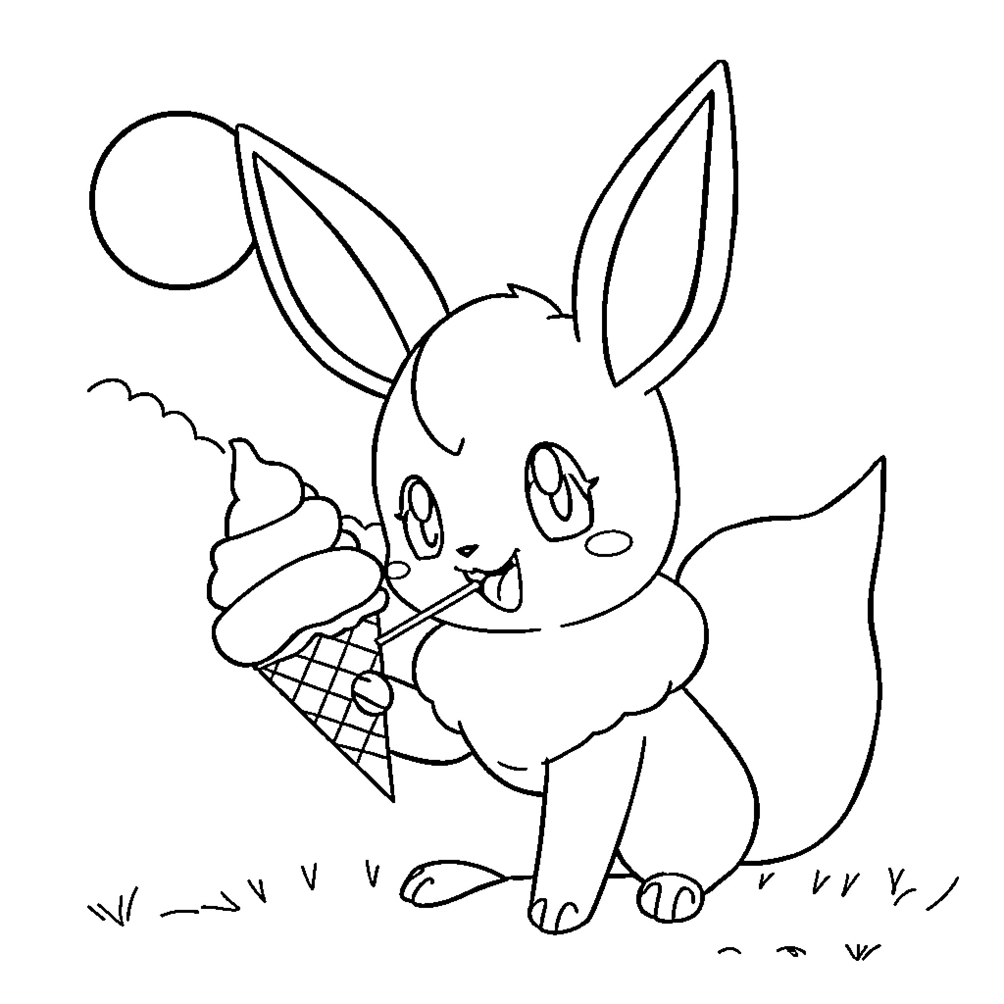 Evee enjoying a sweet ice cream treat Coloring Page (free black-and-white line drawing printable PDF for all, from beginners to advanced learners, including children, teens, adults, and seniors)