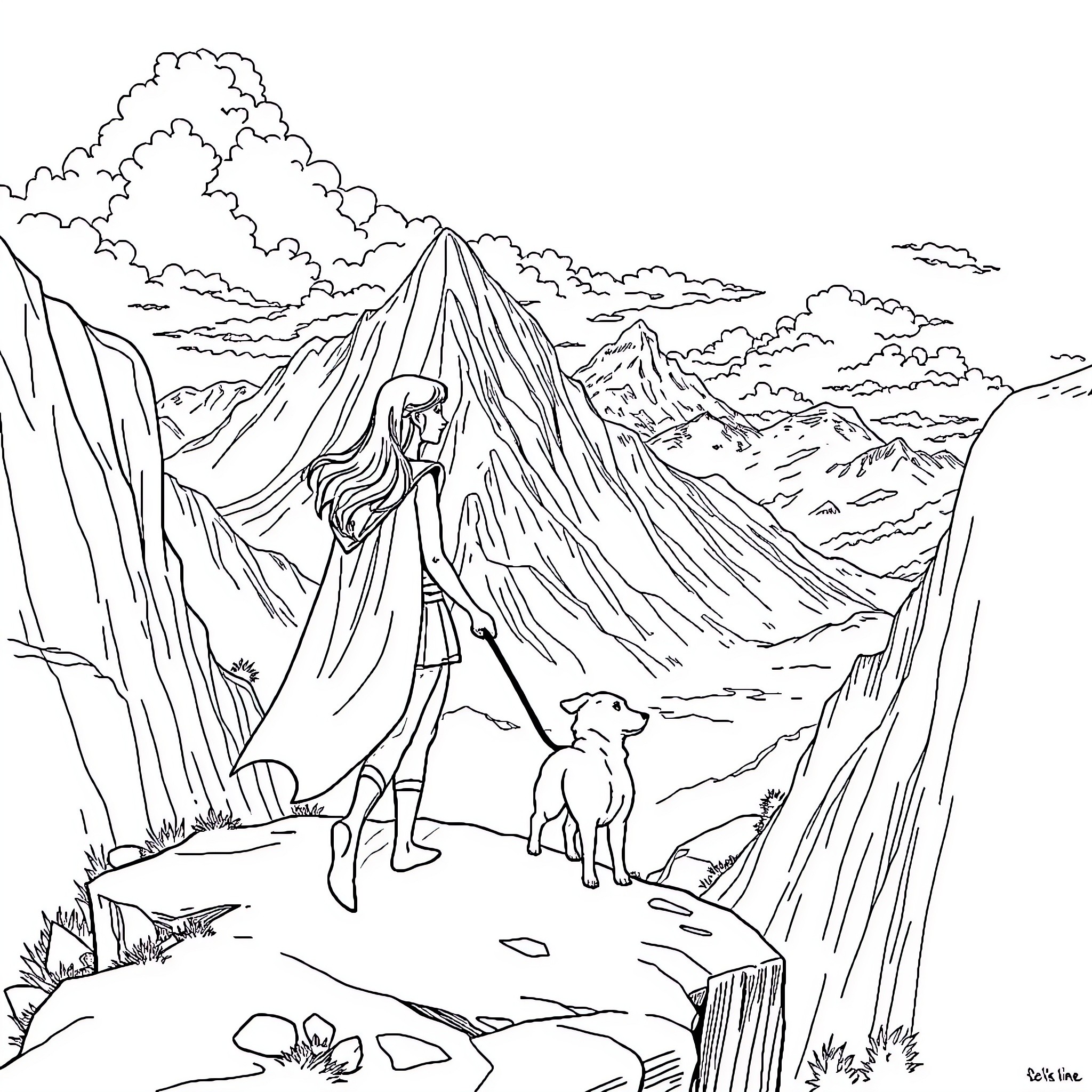 Supergirl Explores the Majestic Mountain Landscape Coloring Page (free black-and-white line drawing printable PDF for all, from beginners to advanced learners, including children, teens, adults, and seniors)