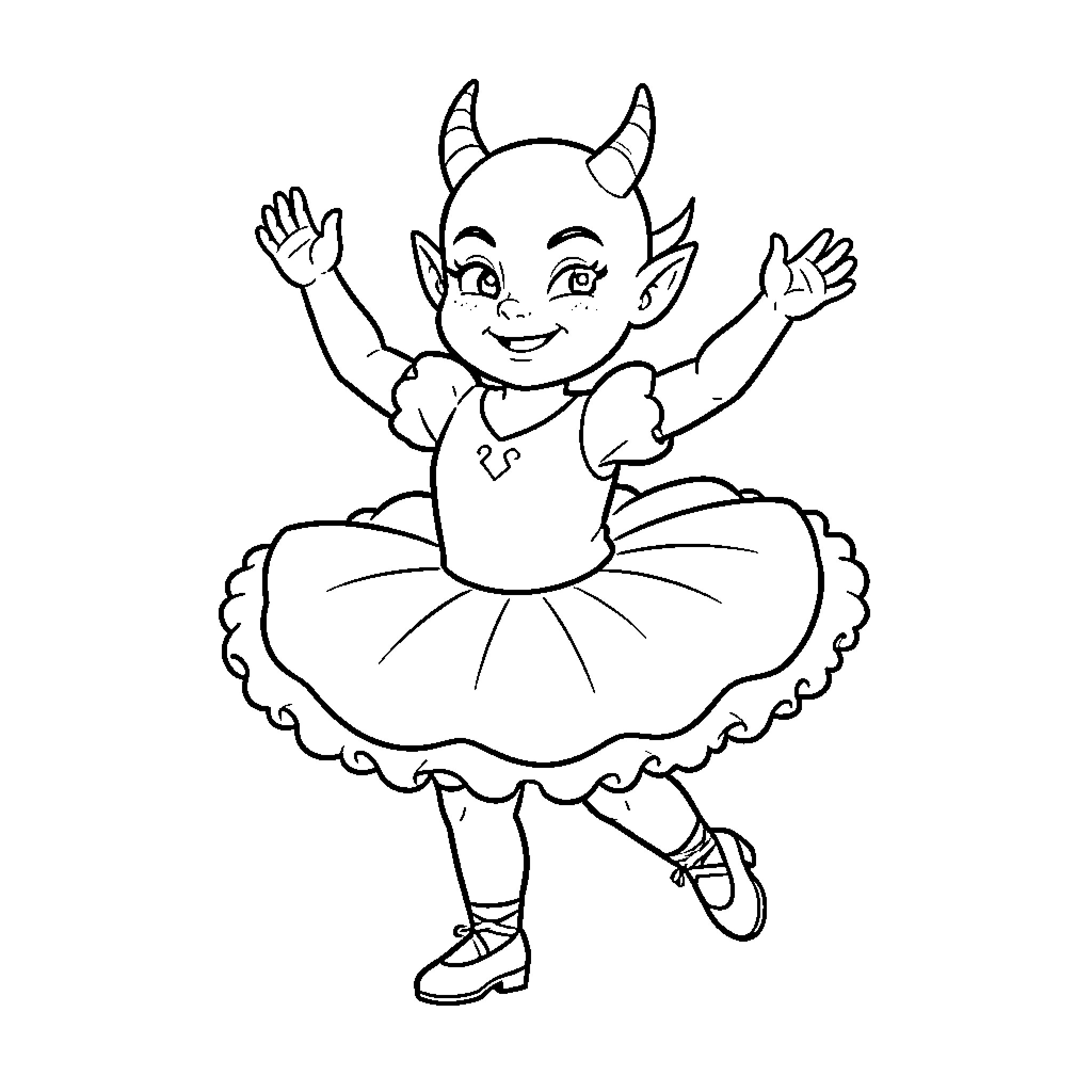 Demon girl dancing happily in a tutu Coloring Page (free black-and-white line drawing printable PDF for all, from beginners to advanced learners, including children, teens, adults, and seniors)