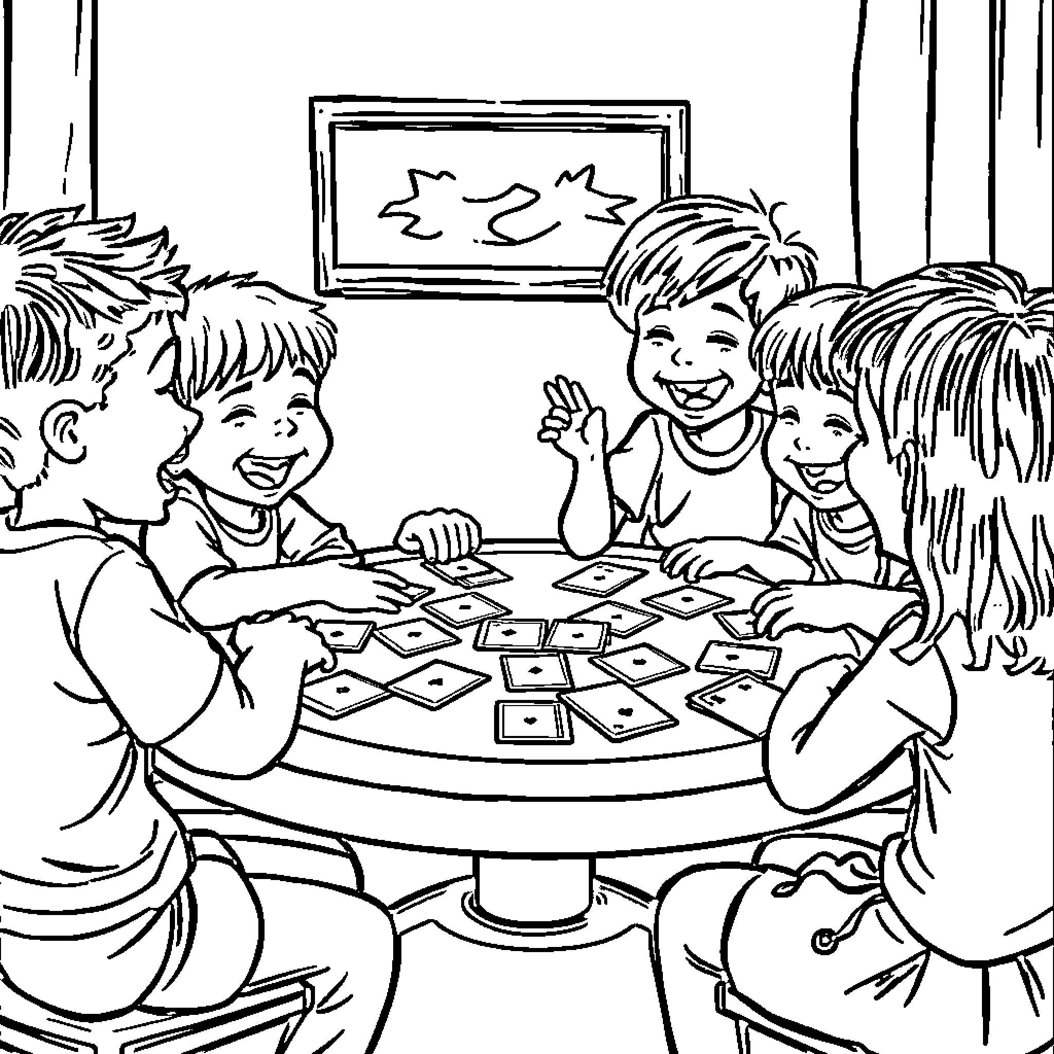 Children playing card games happily together Coloring Page (free black-and-white line drawing printable PDF for all, from beginners to advanced learners, including children, teens, adults, and seniors)