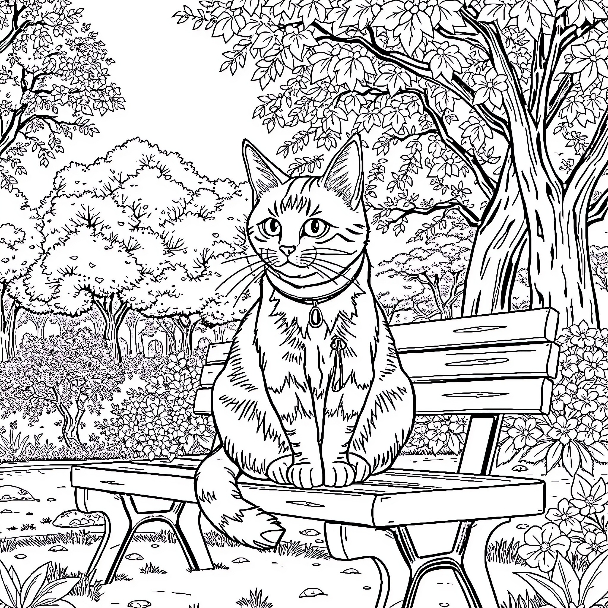 Cat enjoying a tranquil garden scene Coloring Page (free black-and-white line drawing printable PDF for all, from beginners to advanced learners, including children, teens, adults, and seniors)