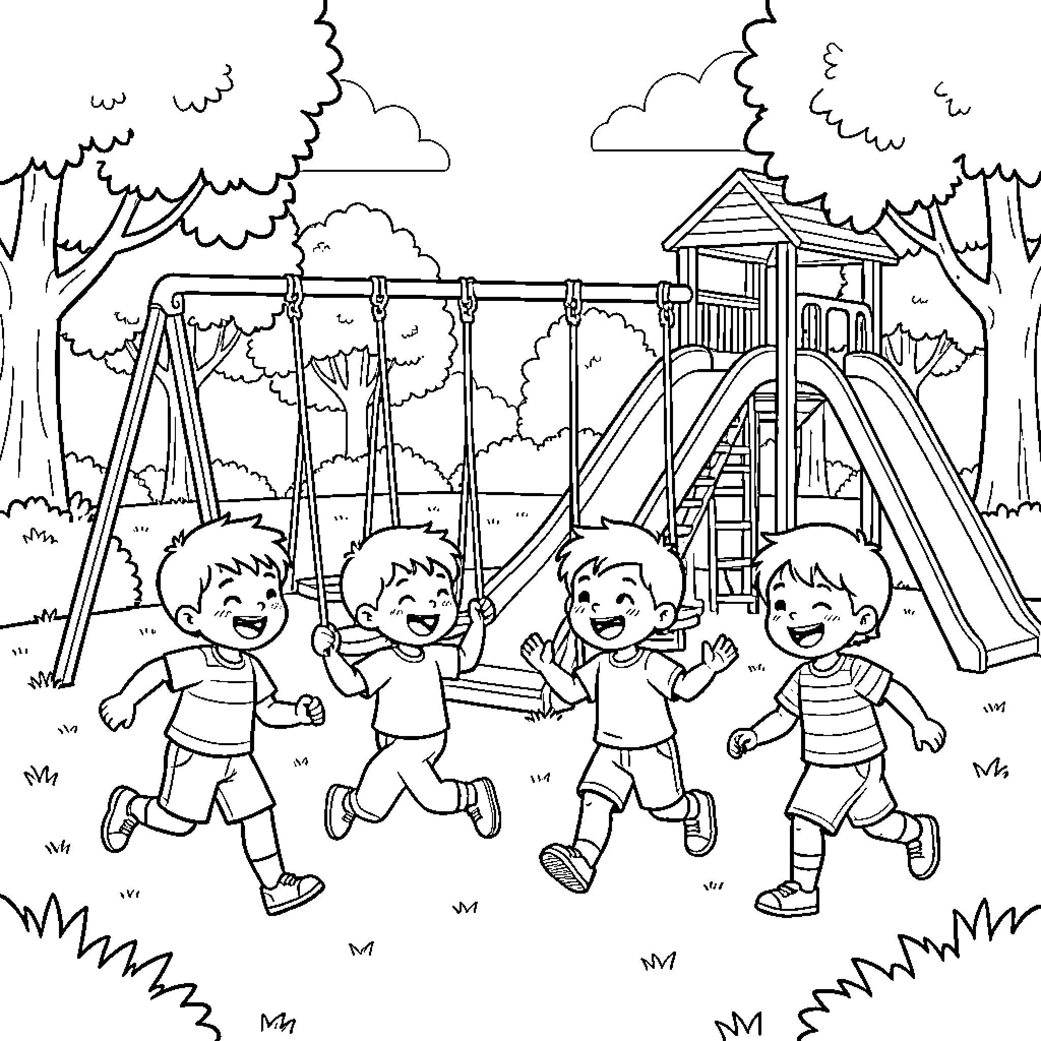 Niño playing happily on swings at a playground Coloring Page (free black-and-white line drawing printable PDF for all, from beginners to advanced learners, including children, teens, adults, and seniors)