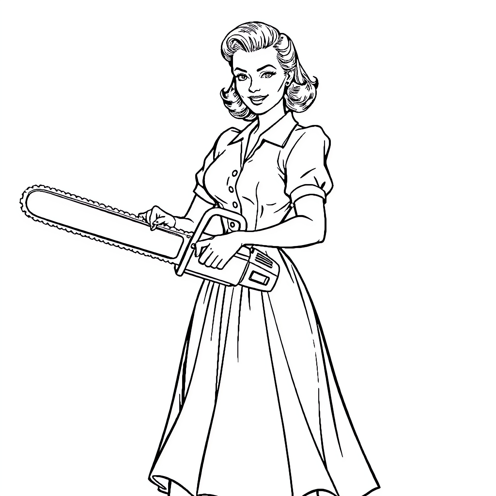 Housewife wields a power tool confidently Coloring Page (free black-and-white line drawing printable PDF for all, from beginners to advanced learners, including children, teens, adults, and seniors)