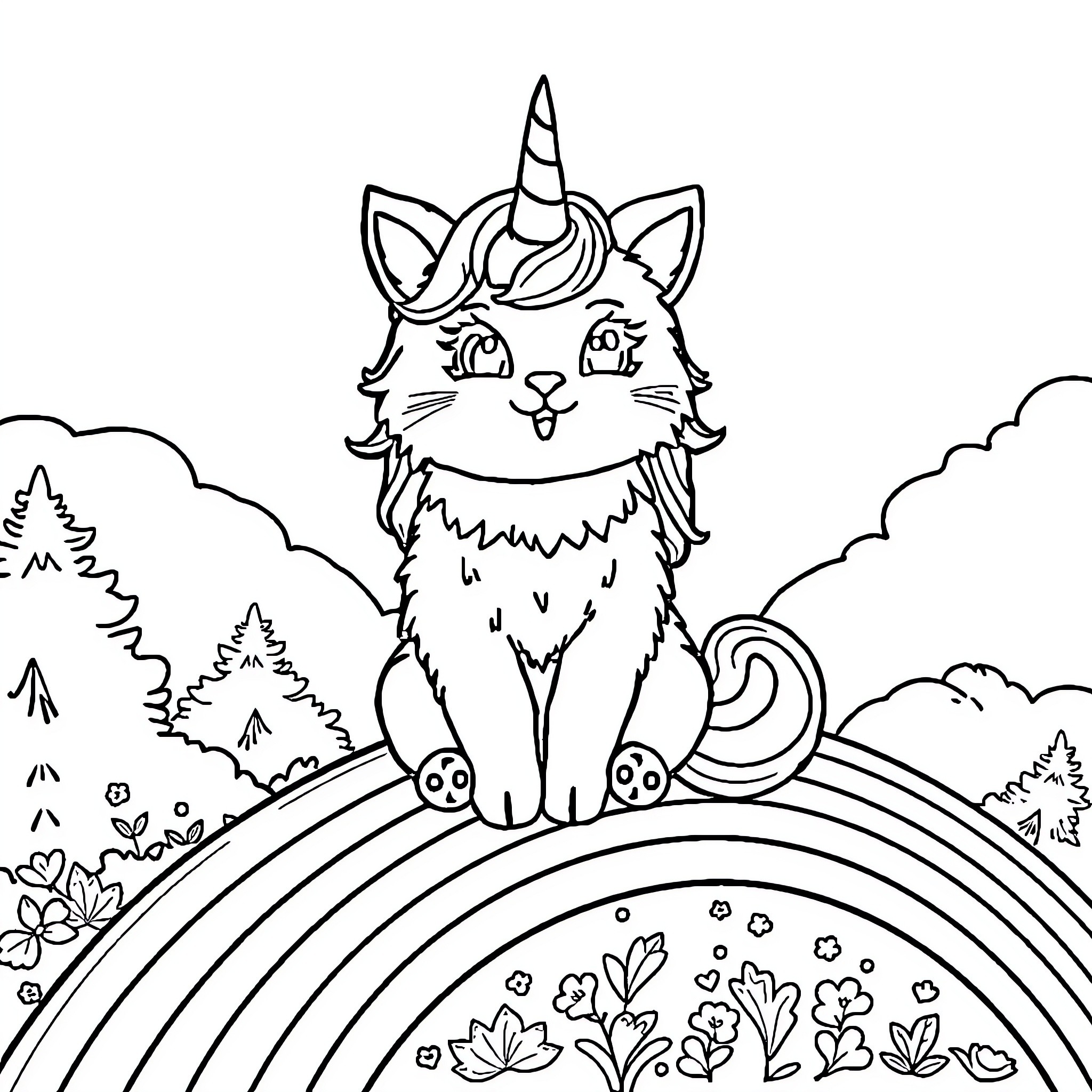 Cat Unicorn in a Whimsical Landscape Coloring Page (free black-and-white line drawing printable PDF for all, from beginners to advanced learners, including children, teens, adults, and seniors)