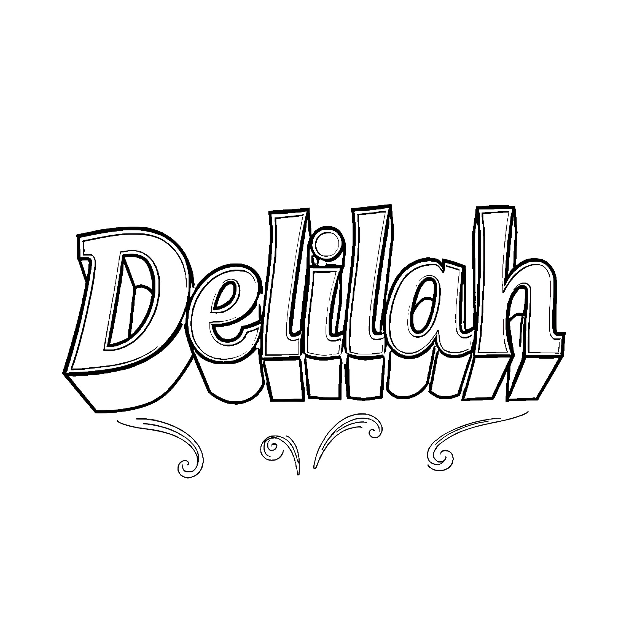 Delilah's Decorative Lettering Coloring Page (free black-and-white line drawing printable PDF for all, from beginners to advanced learners, including children, teens, adults, and seniors)