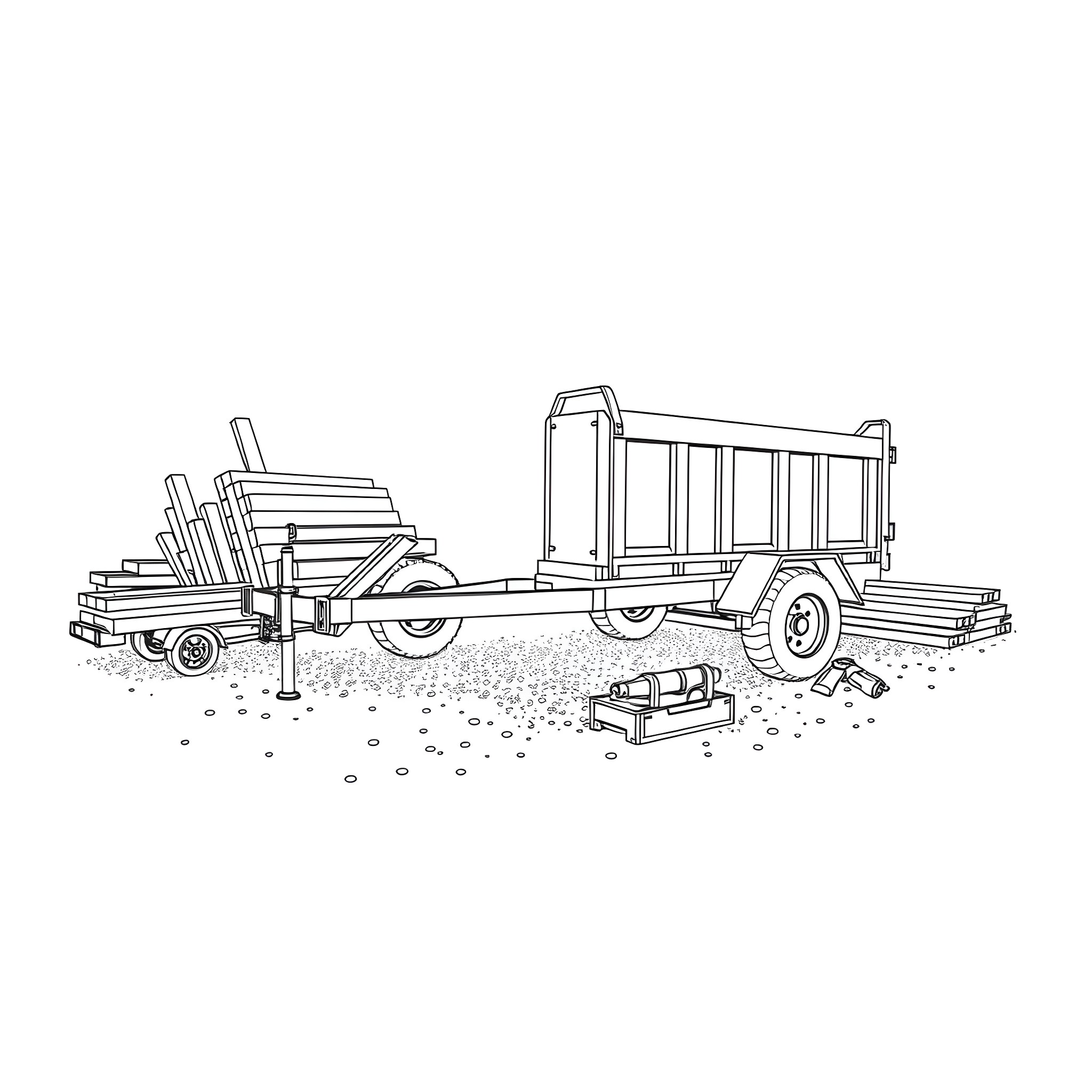 Dump Trailer Transporting Construction Materials on Site Coloring Page (free black-and-white line drawing printable PDF for all, from beginners to advanced learners, including children, teens, adults, and seniors)