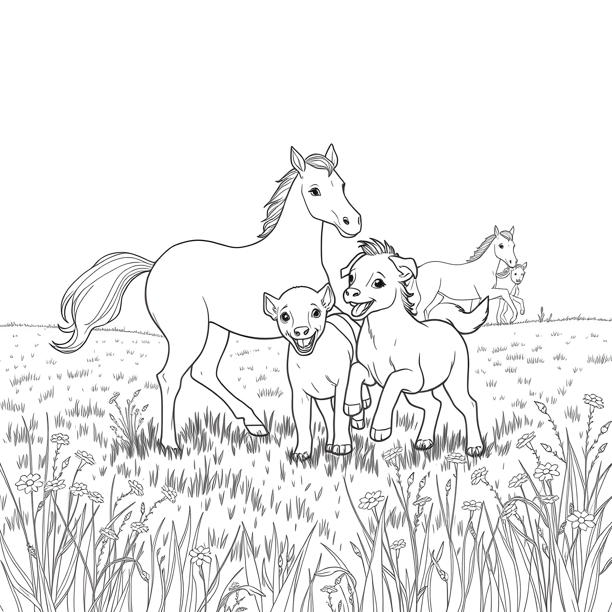 Foal and their family enjoying the meadow Coloring Page (free black-and-white line drawing printable PDF for all, from beginners to advanced learners, including children, teens, adults, and seniors)