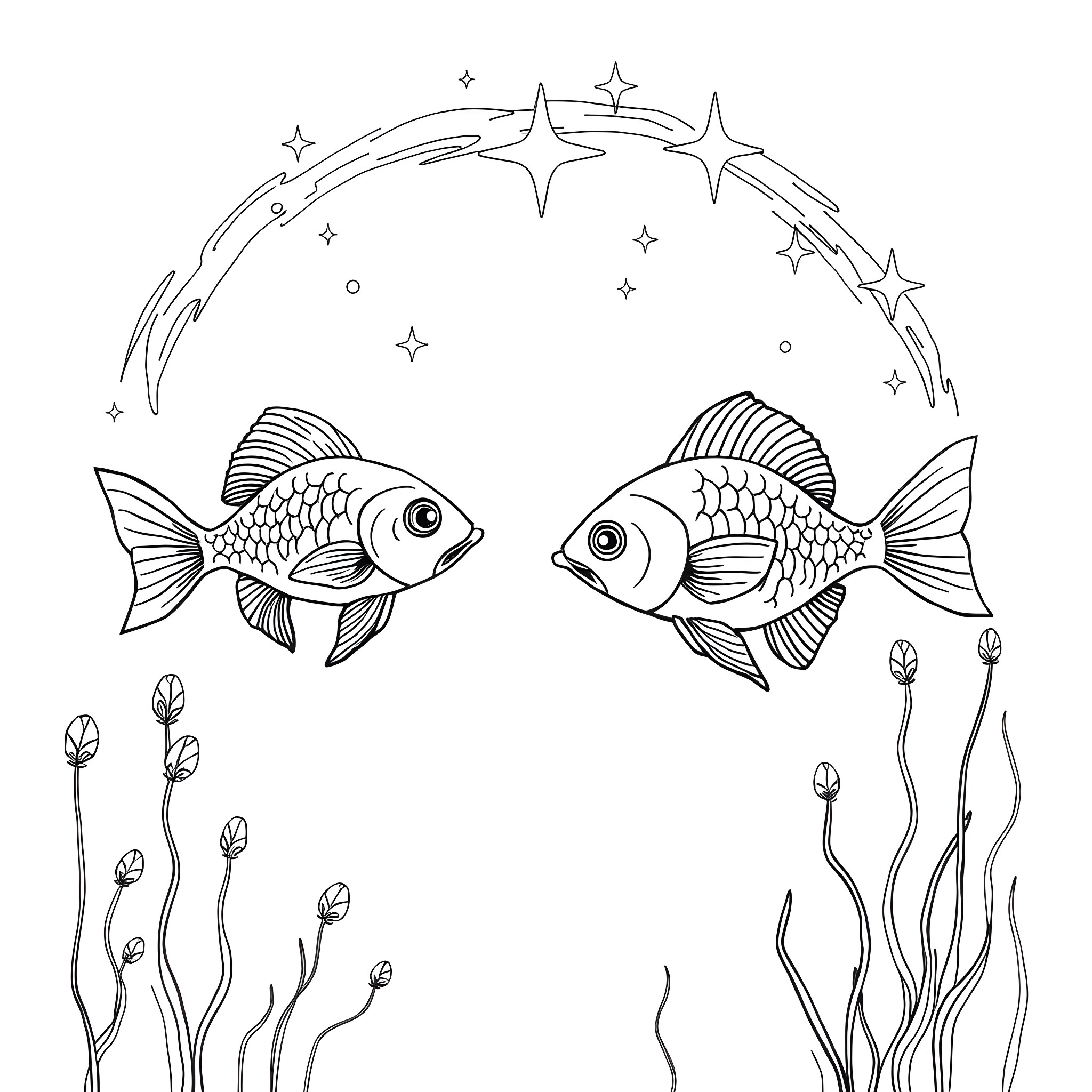 Pisces fish swimming under starry night sky Coloring Page (free black-and-white line drawing printable PDF for all, from beginners to advanced learners, including children, teens, adults, and seniors)