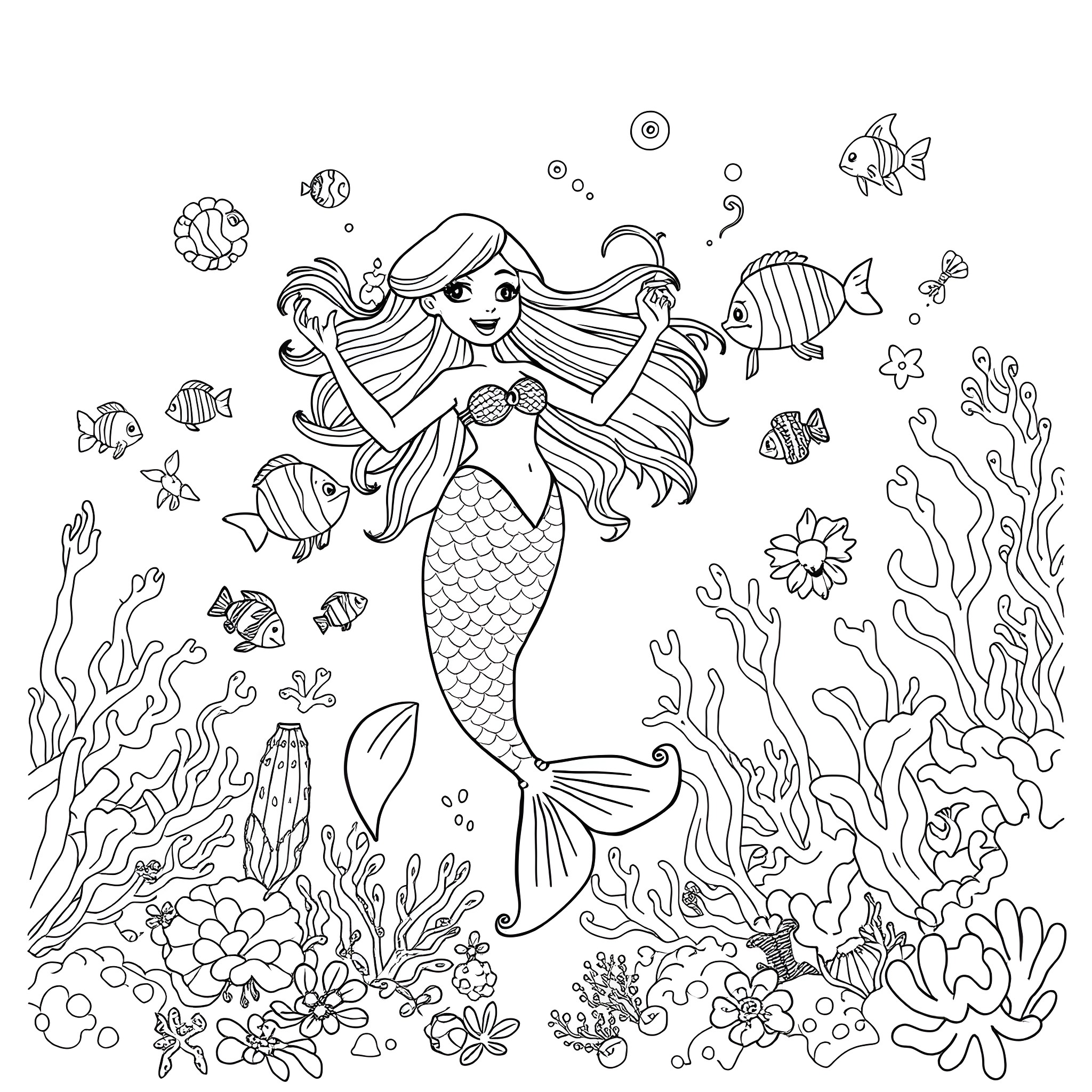 Mermaid playing with sea creatures in the ocean Coloring Page (free black-and-white line drawing printable PDF for all, from beginners to advanced learners, including children, teens, adults, and seniors)