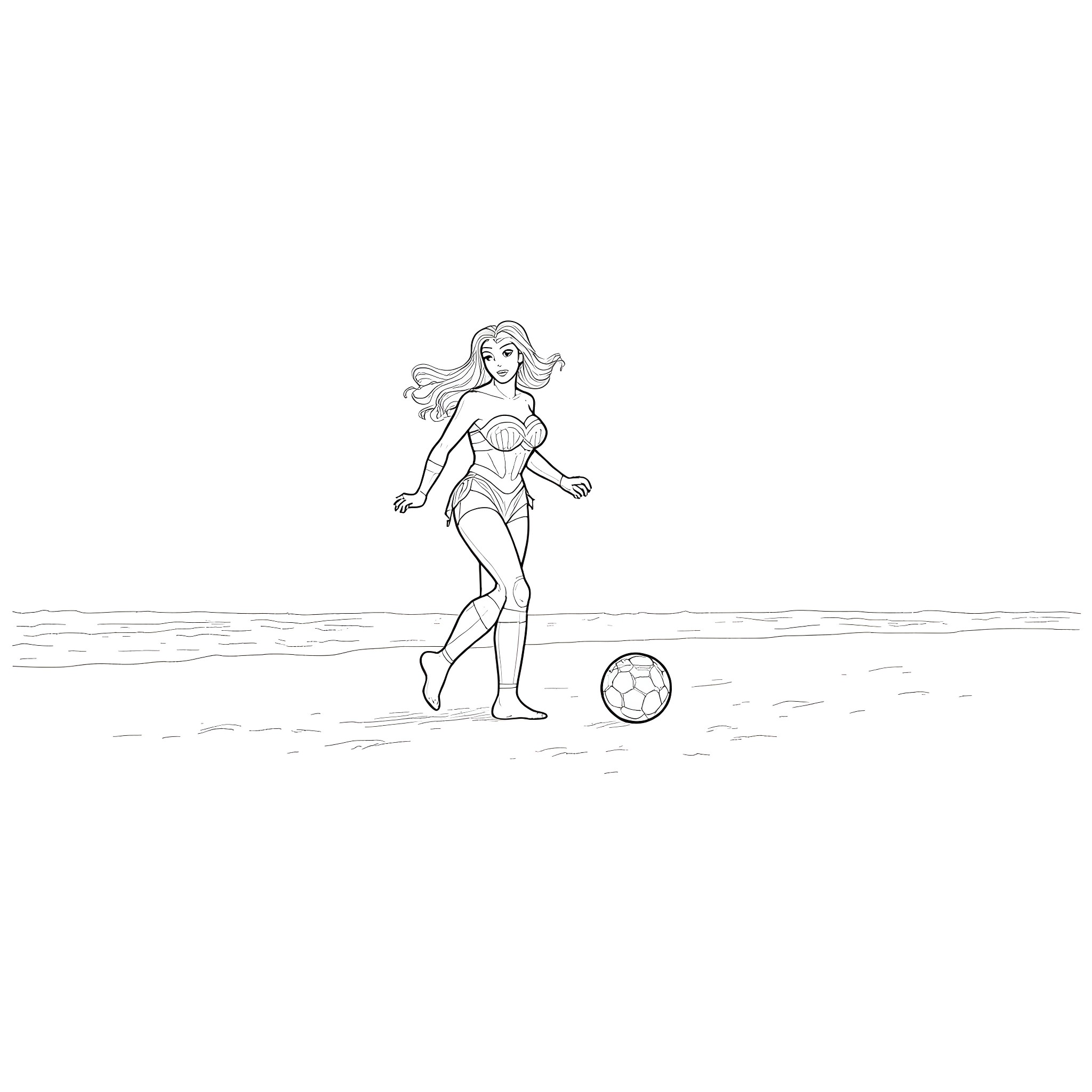 Wonder Woman playing with a soccer ball on the beach Coloring Page (free black-and-white line drawing printable PDF for all, from beginners to advanced learners, including children, teens, adults, and seniors)