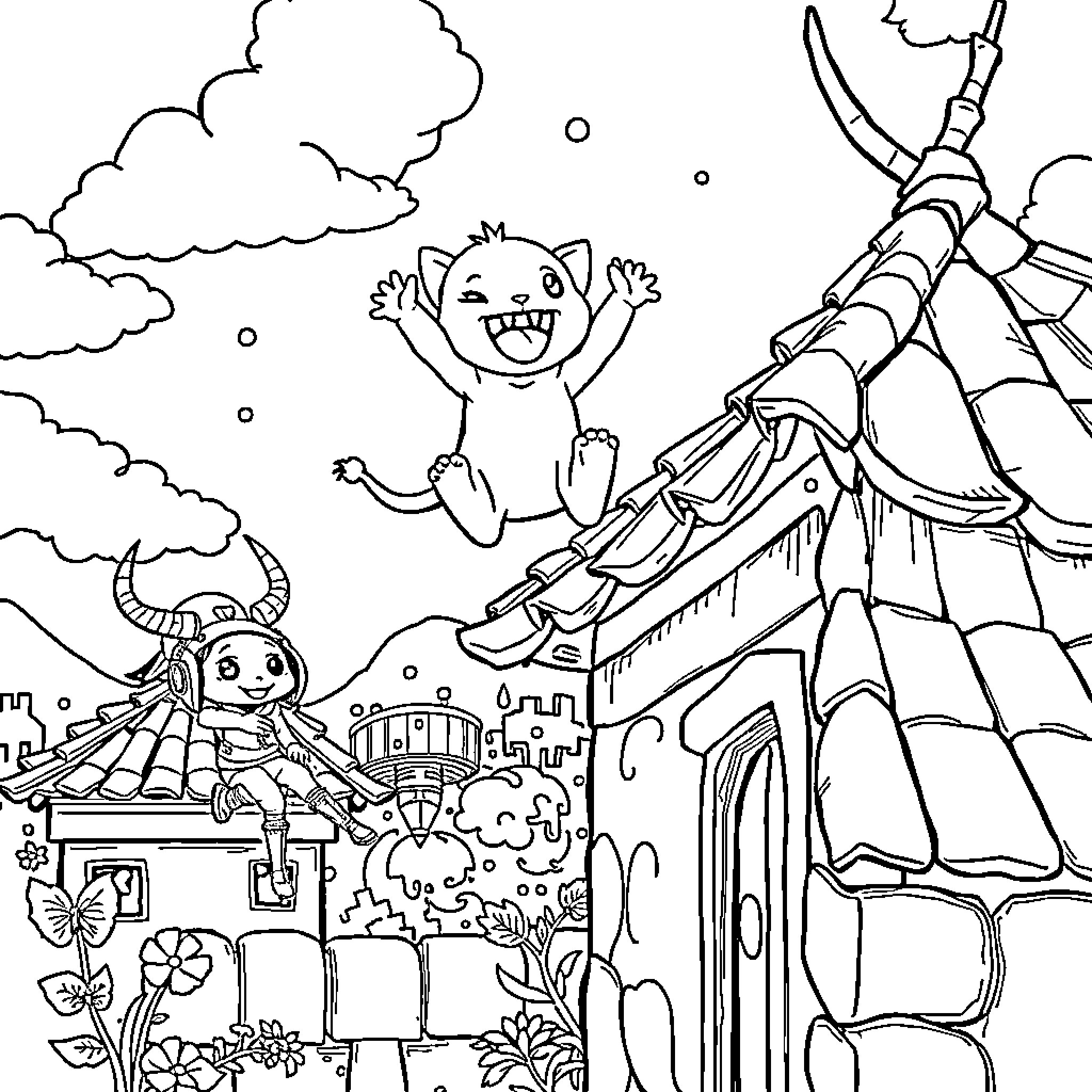Saja's Joyful Adventure in a Whimsical World Coloring Page (free black-and-white line drawing printable PDF for all, from beginners to advanced learners, including children, teens, adults, and seniors)