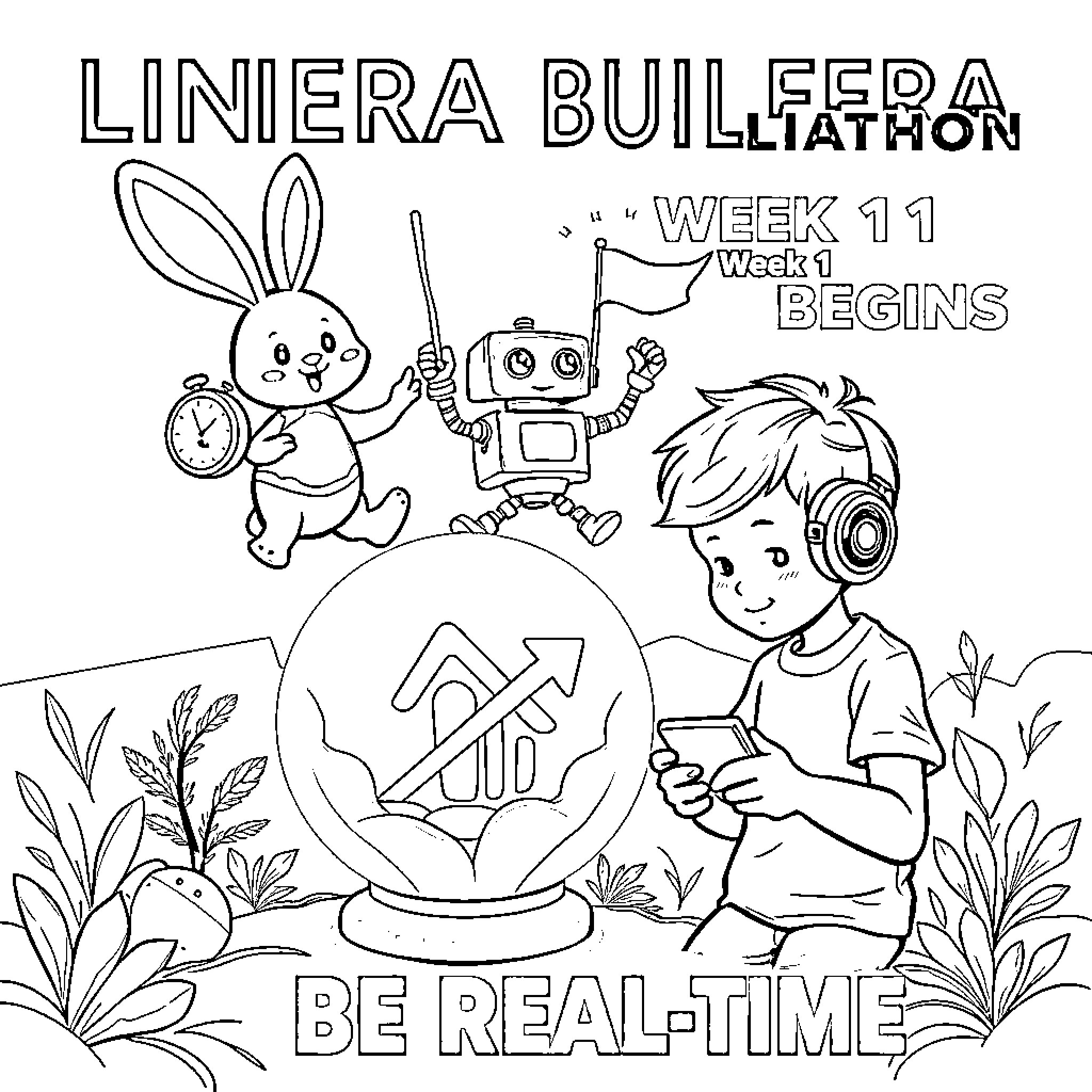 Rabbit cartoon characters in technological environment Coloring Page (free black-and-white line drawing printable PDF for all, from beginners to advanced learners, including children, teens, adults, and seniors)