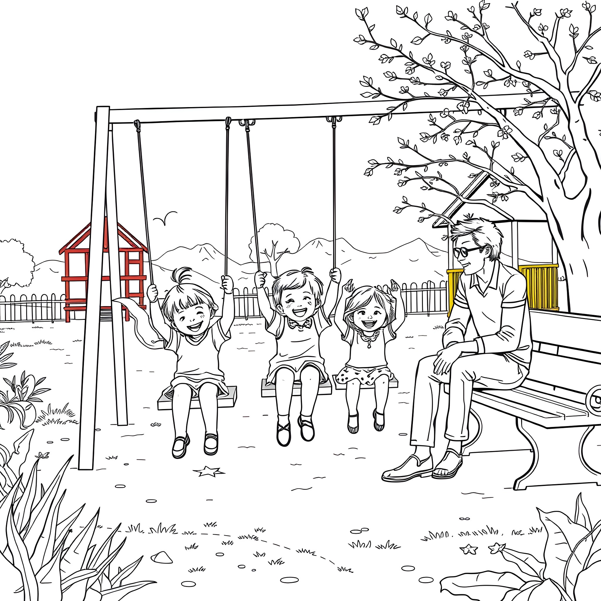 Child enjoying time with family on playground swing set Coloring Page (free black-and-white line drawing printable PDF for all, from beginners to advanced learners, including children, teens, adults, and seniors)