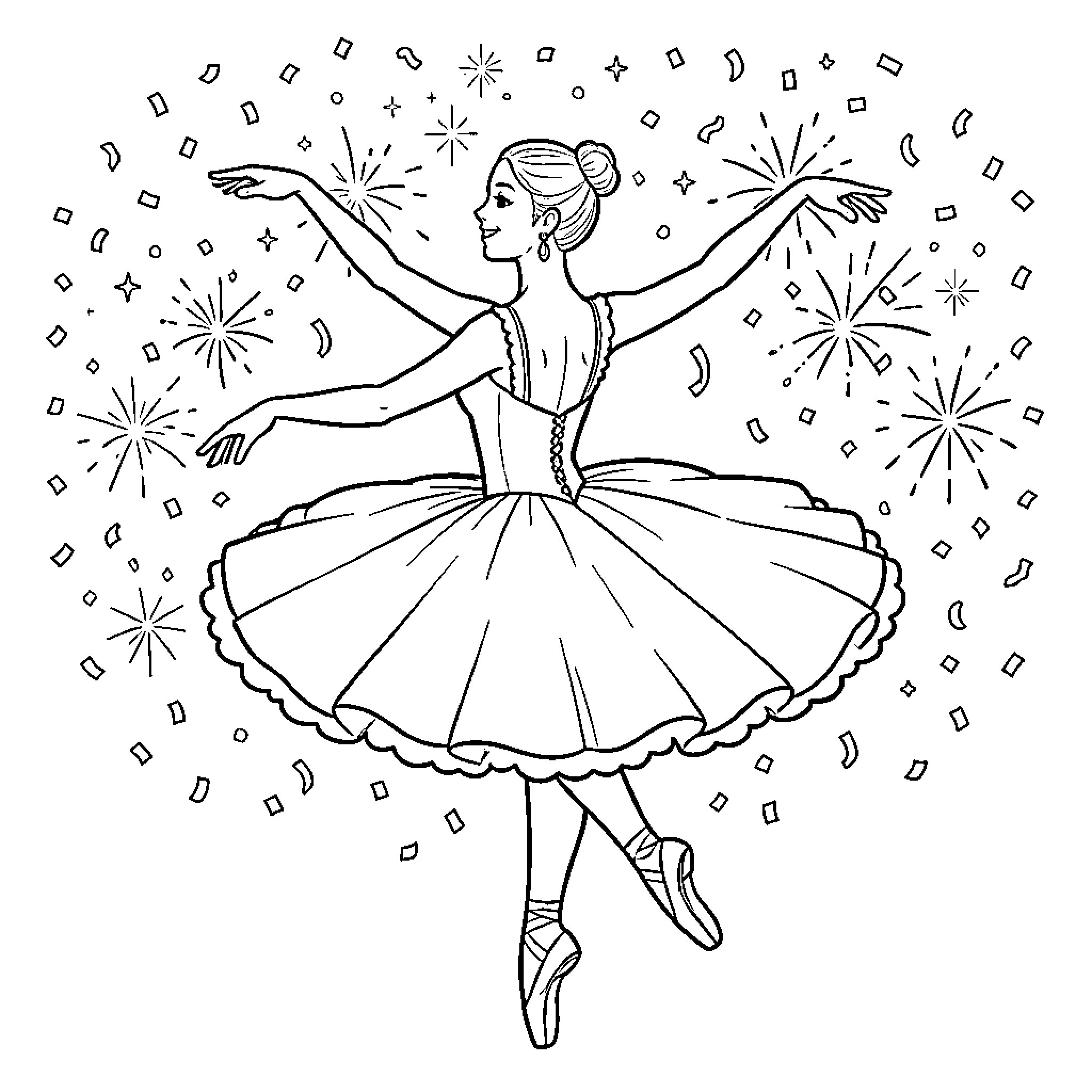 Ballerina performing graceful dance with sparkling effects Coloring Page (free black-and-white line drawing printable PDF for all, from beginners to advanced learners, including children, teens, adults, and seniors)
