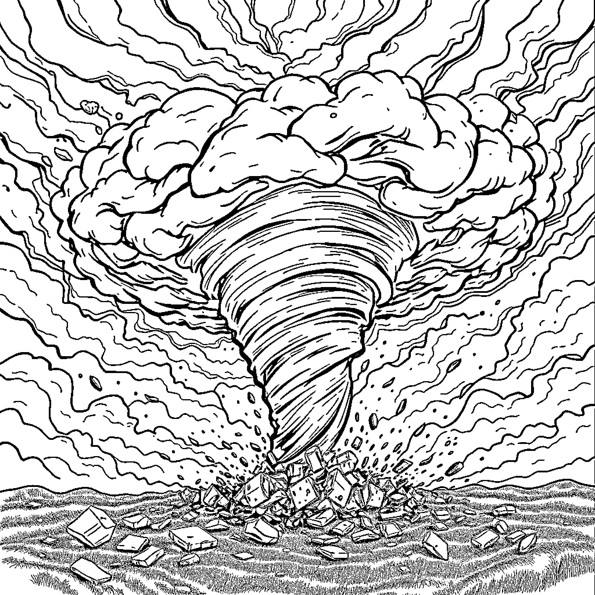 Tornado tearing through the landscape with fury Coloring Page (free black-and-white line drawing printable PDF for all, from beginners to advanced learners, including children, teens, adults, and seniors)