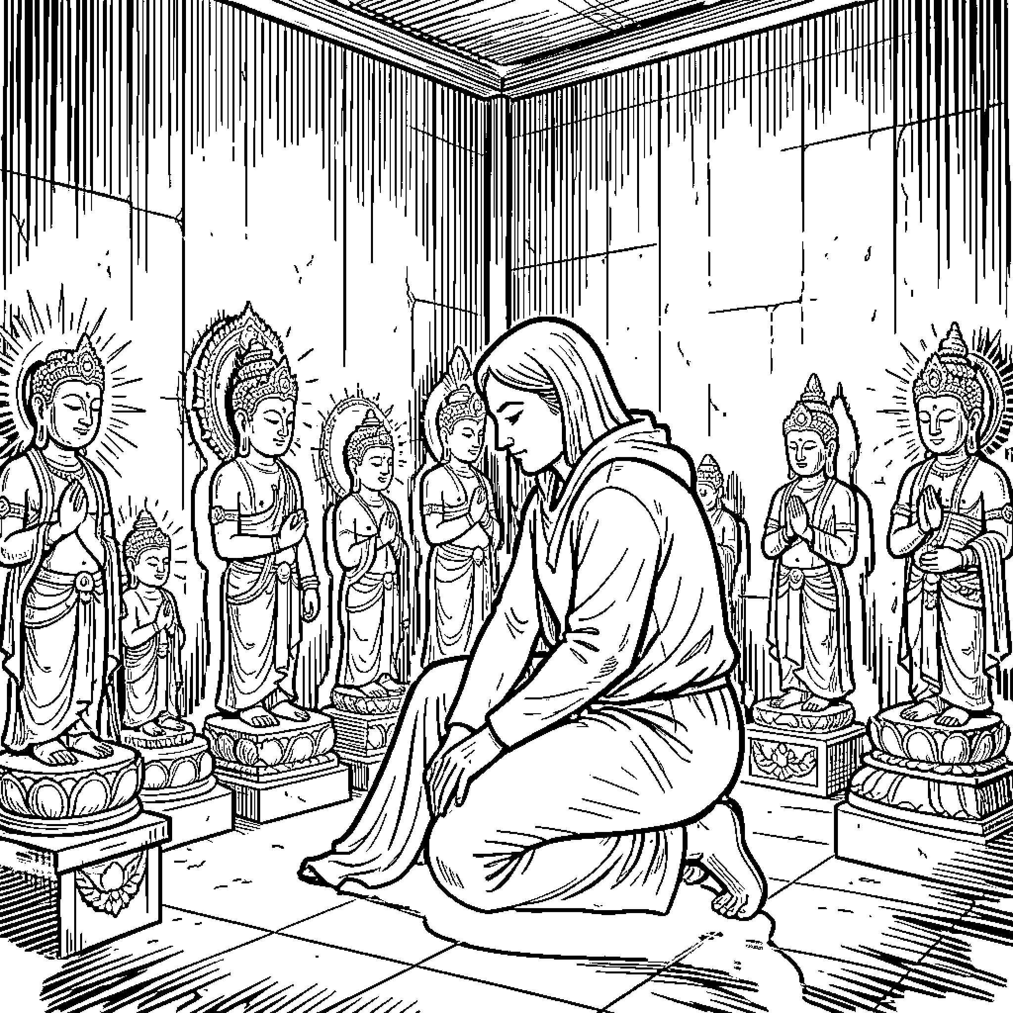Idol Worshipping Ceremony with Figures in Prayer Coloring Page (free black-and-white line drawing printable PDF for all, from beginners to advanced learners, including children, teens, adults, and seniors)