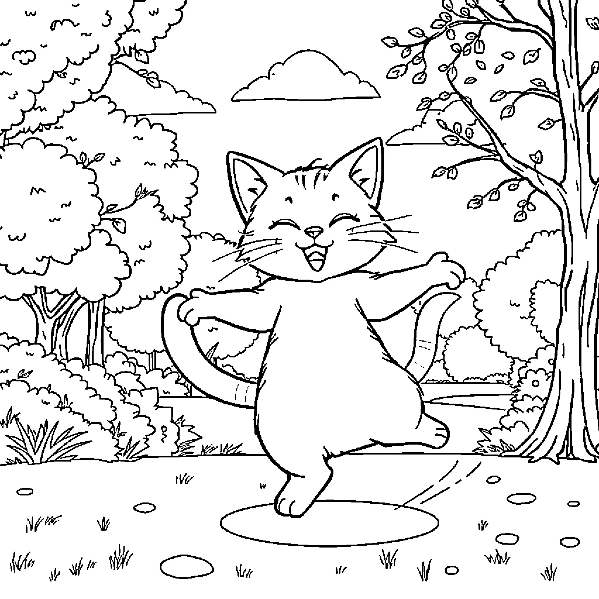 Gato playing in the forest Coloring Page (free black-and-white line drawing printable PDF for all, from beginners to advanced learners, including children, teens, adults, and seniors)