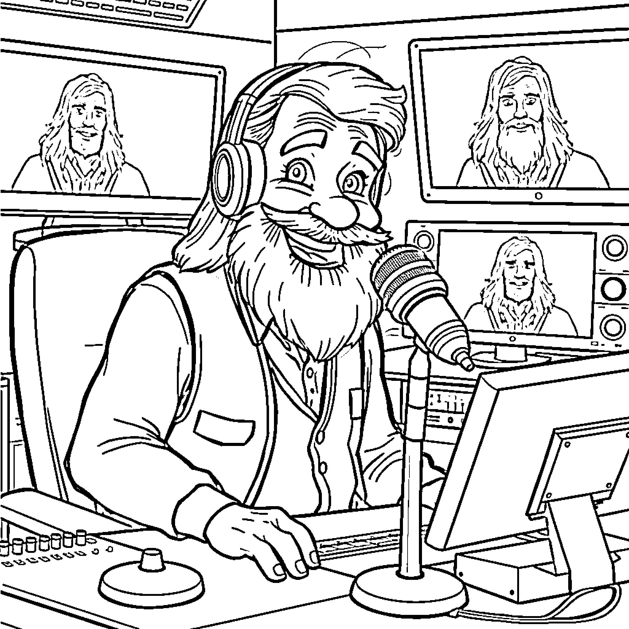 Man operating radio equipment in studio Coloring Page (free black-and-white line drawing printable PDF for all, from beginners to advanced learners, including children, teens, adults, and seniors)
