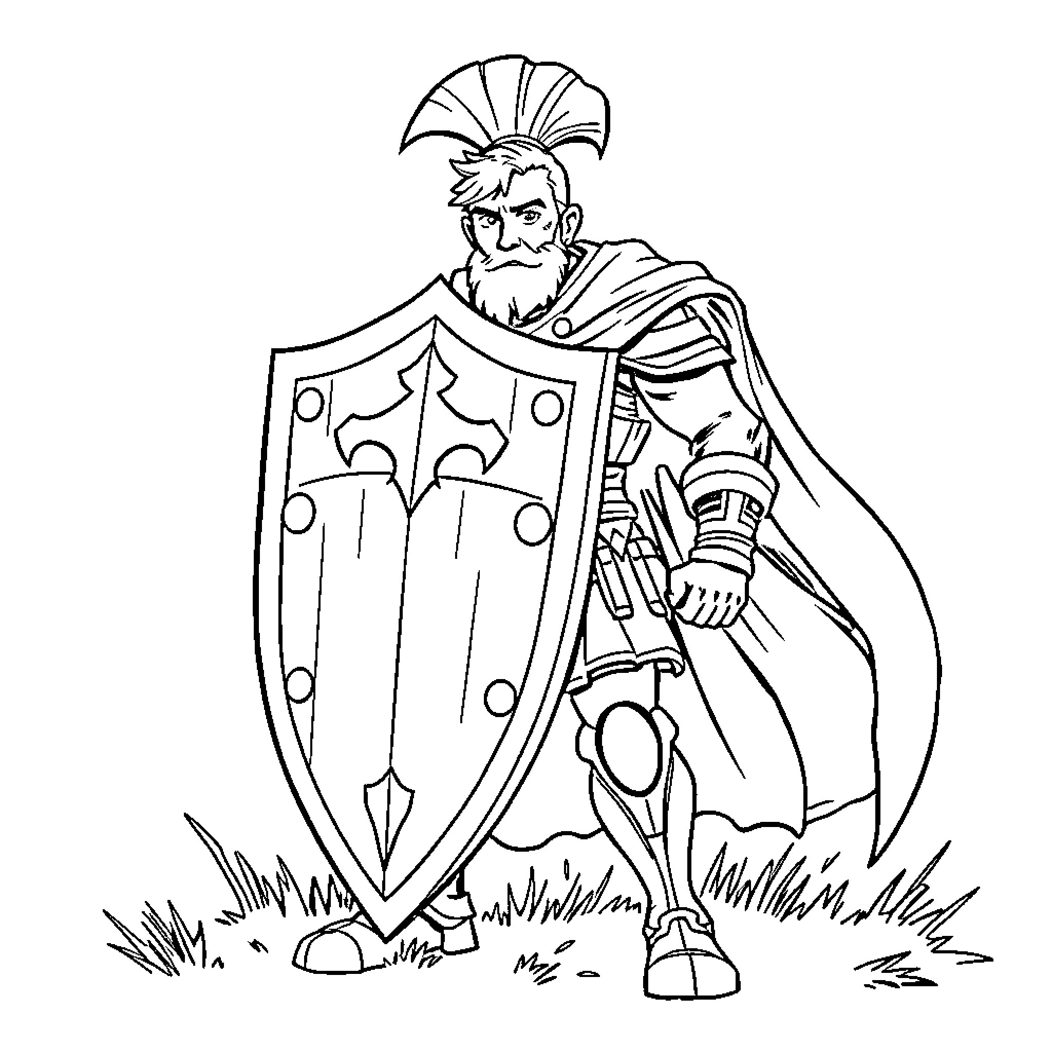 Shield Hero standing bravely with a large shield Coloring Page (free black-and-white line drawing printable PDF for all, from beginners to advanced learners, including children, teens, adults, and seniors)