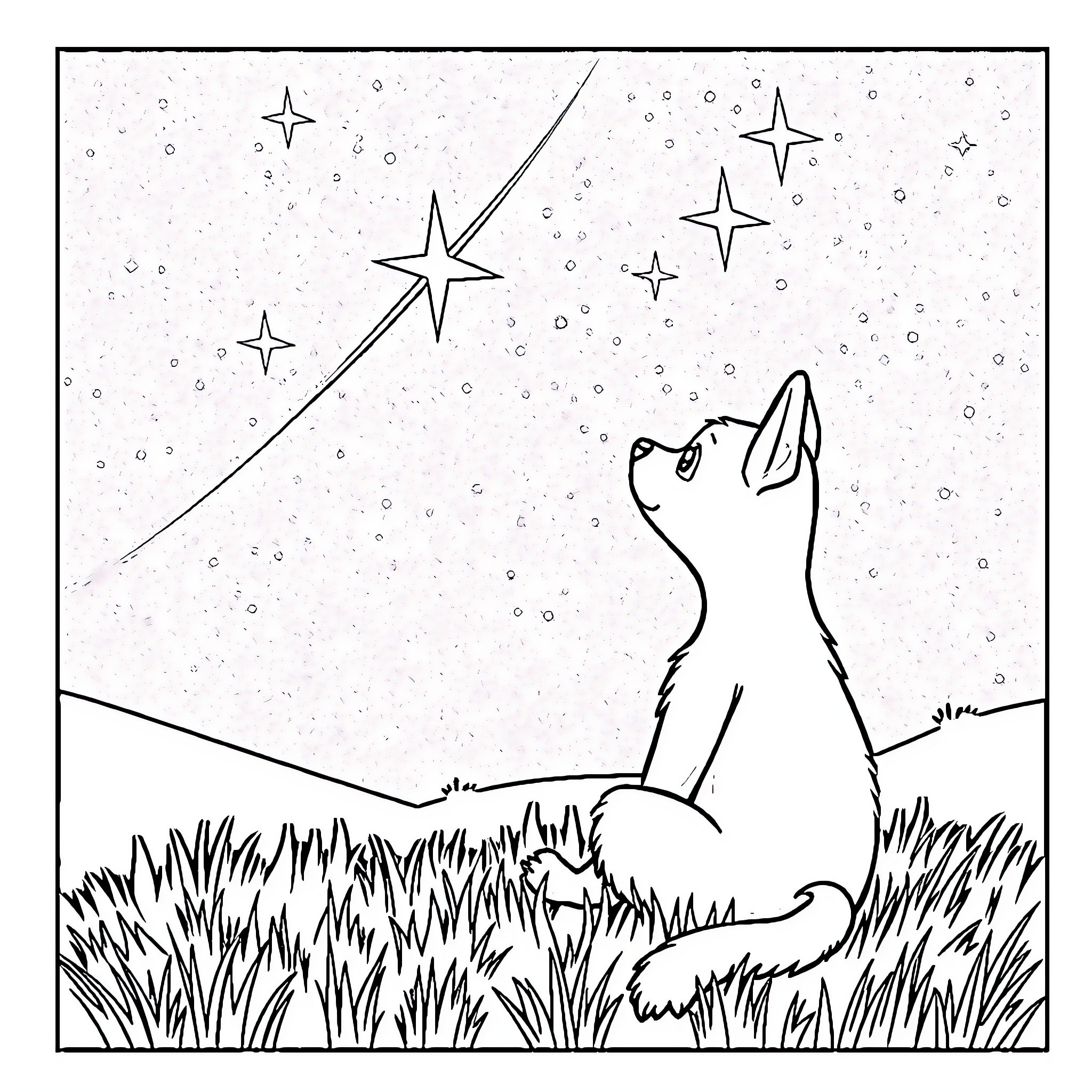 Bluey gazing at the starry night sky Coloring Page (free black-and-white line drawing printable PDF for all, from beginners to advanced learners, including children, teens, adults, and seniors)