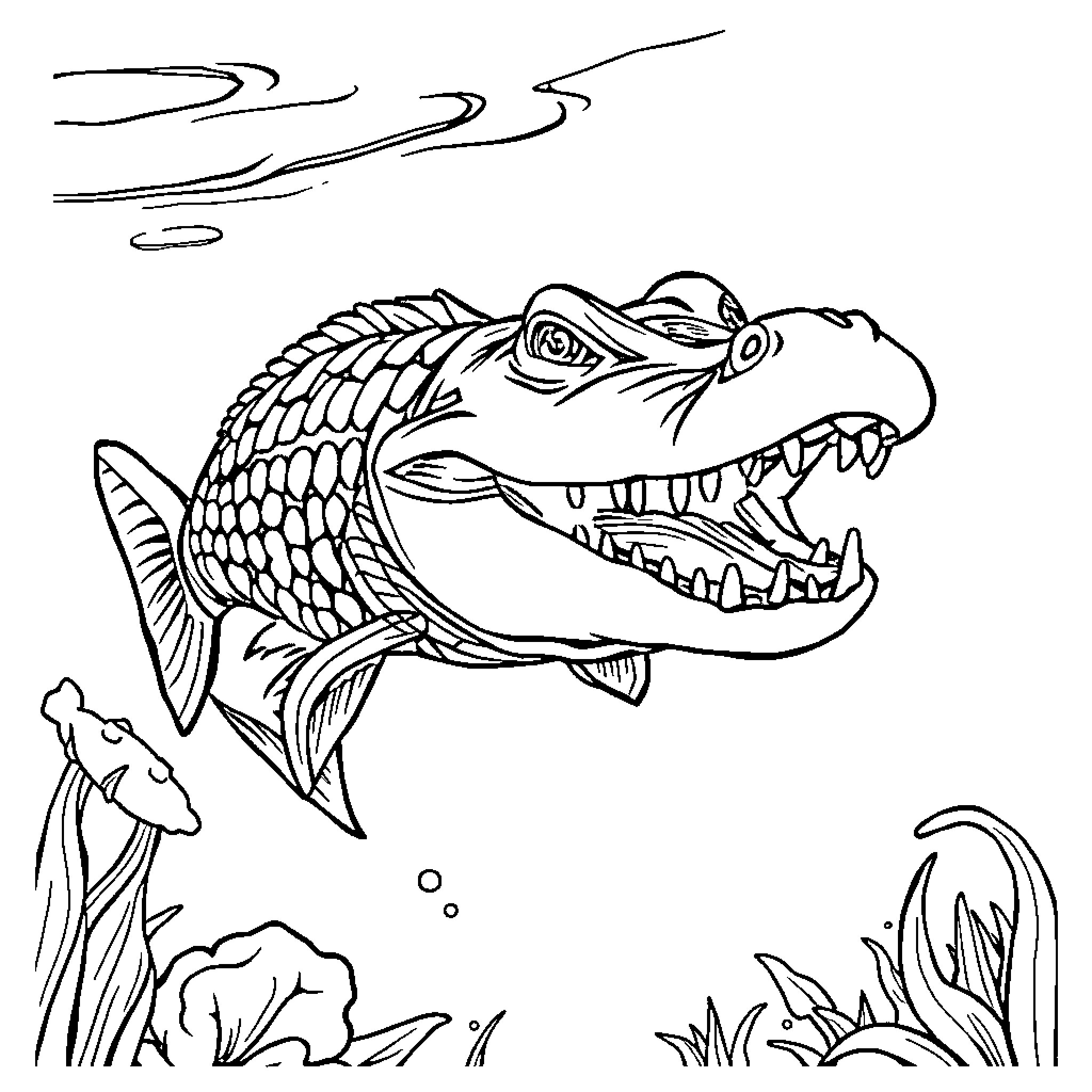 Fish with open mouth swimming in the underwater scene Coloring Page (free black-and-white line drawing printable PDF for all, from beginners to advanced learners, including children, teens, adults, and seniors)