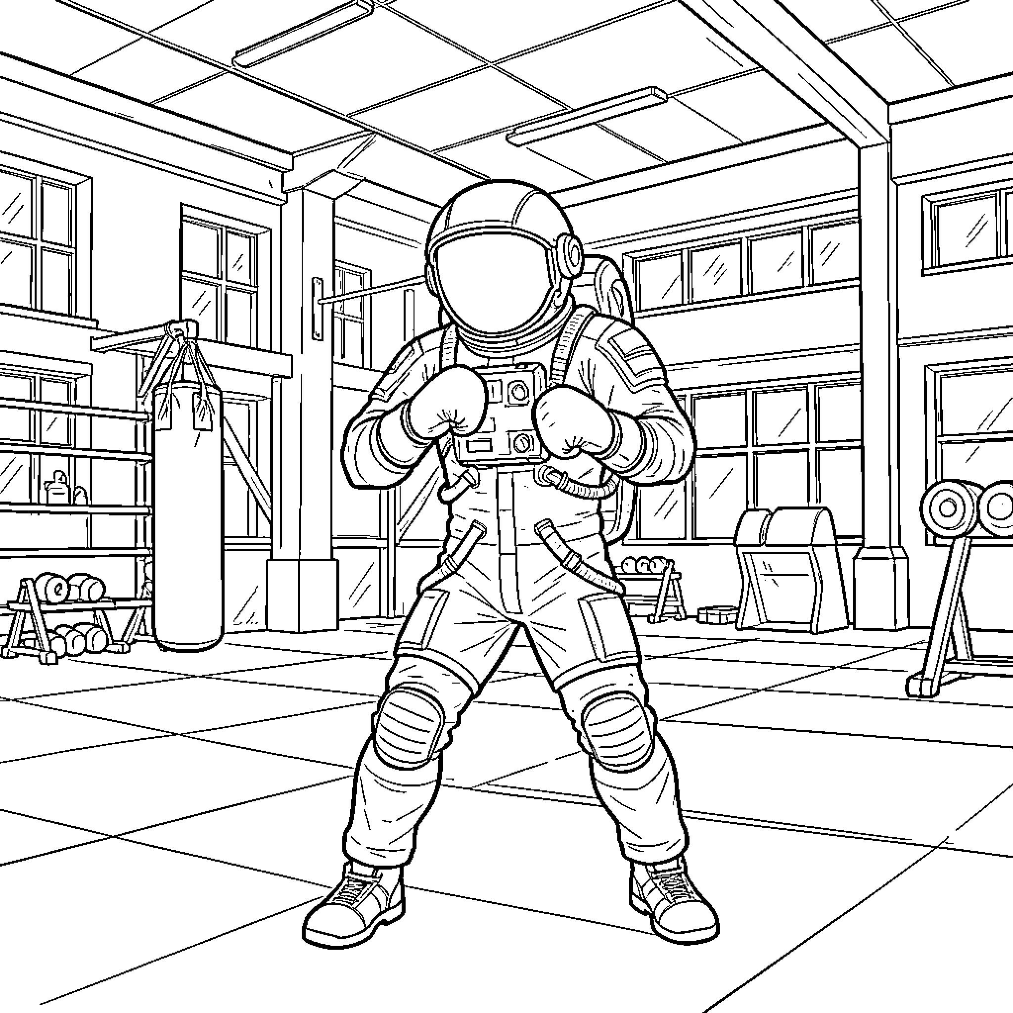Astronaut standing in a boxing gym holding equipment Coloring Page (free black-and-white line drawing printable PDF for all, from beginners to advanced learners, including children, teens, adults, and seniors)