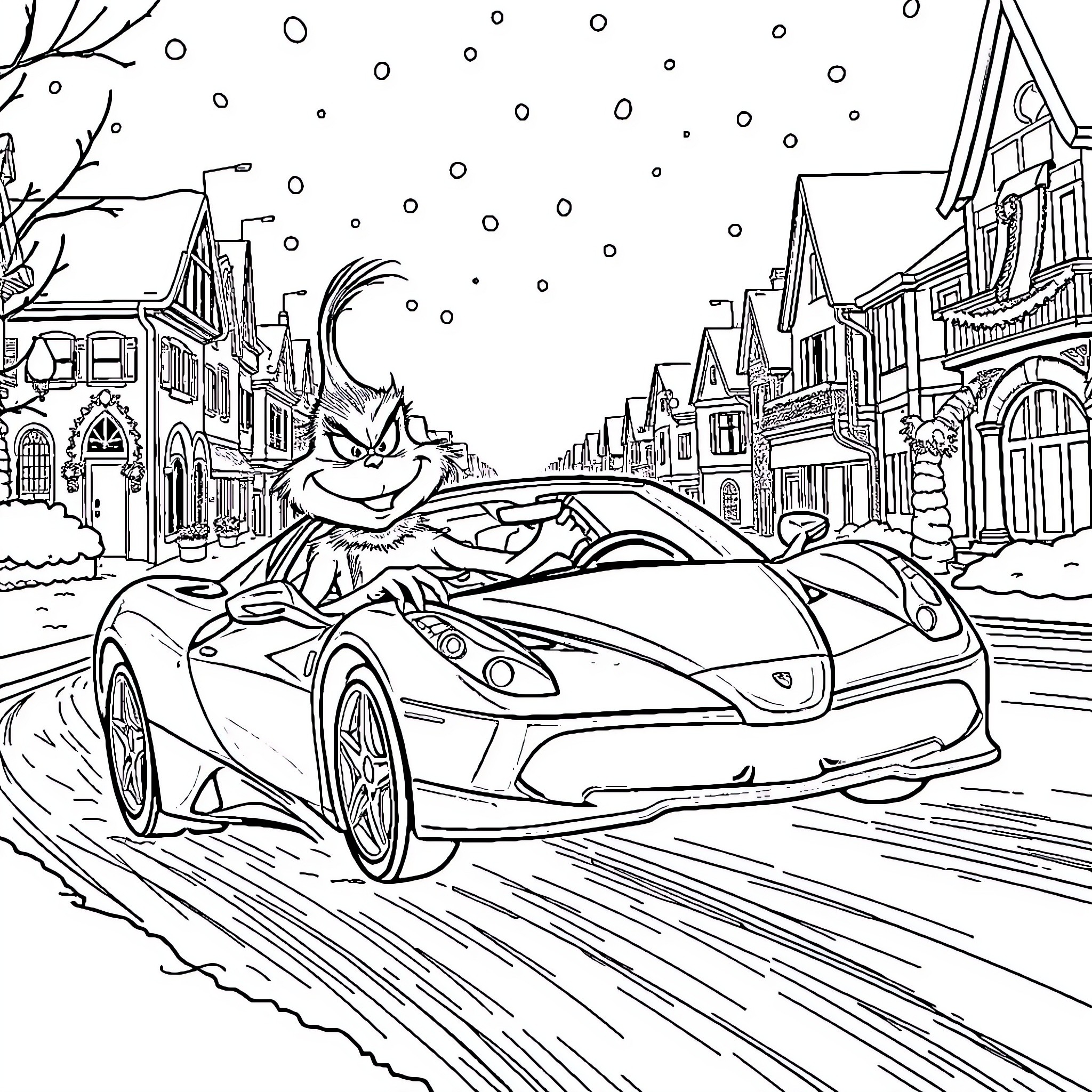 Grinch joyfully racing through a snowy winter town Coloring Page (free black-and-white line drawing printable PDF for all, from beginners to advanced learners, including children, teens, adults, and seniors)