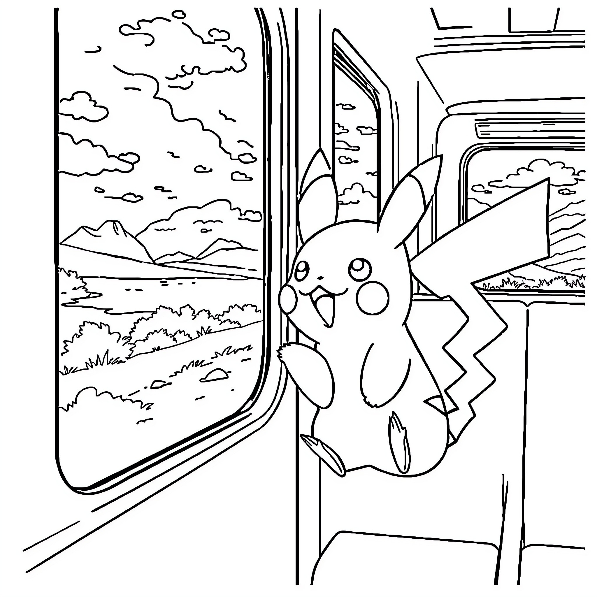 Pikachu enjoying the view from the train window Coloring Page (free black-and-white line drawing printable PDF for all, from beginners to advanced learners, including children, teens, adults, and seniors)