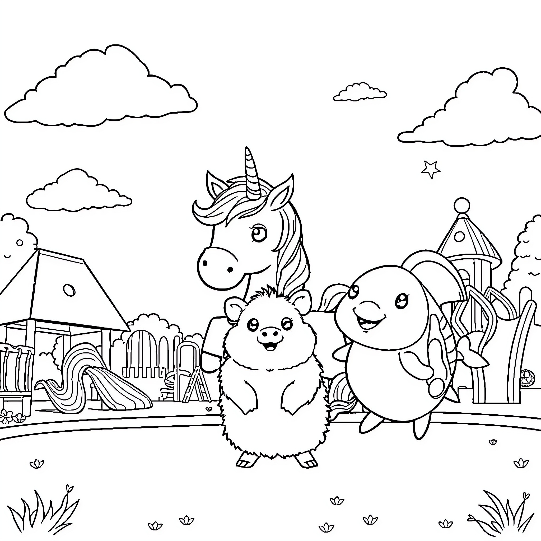 Unicorn and Fluffy Friends Enjoying Playground Adventure Coloring Page (free black-and-white line drawing printable PDF for all, from beginners to advanced learners, including children, teens, adults, and seniors)