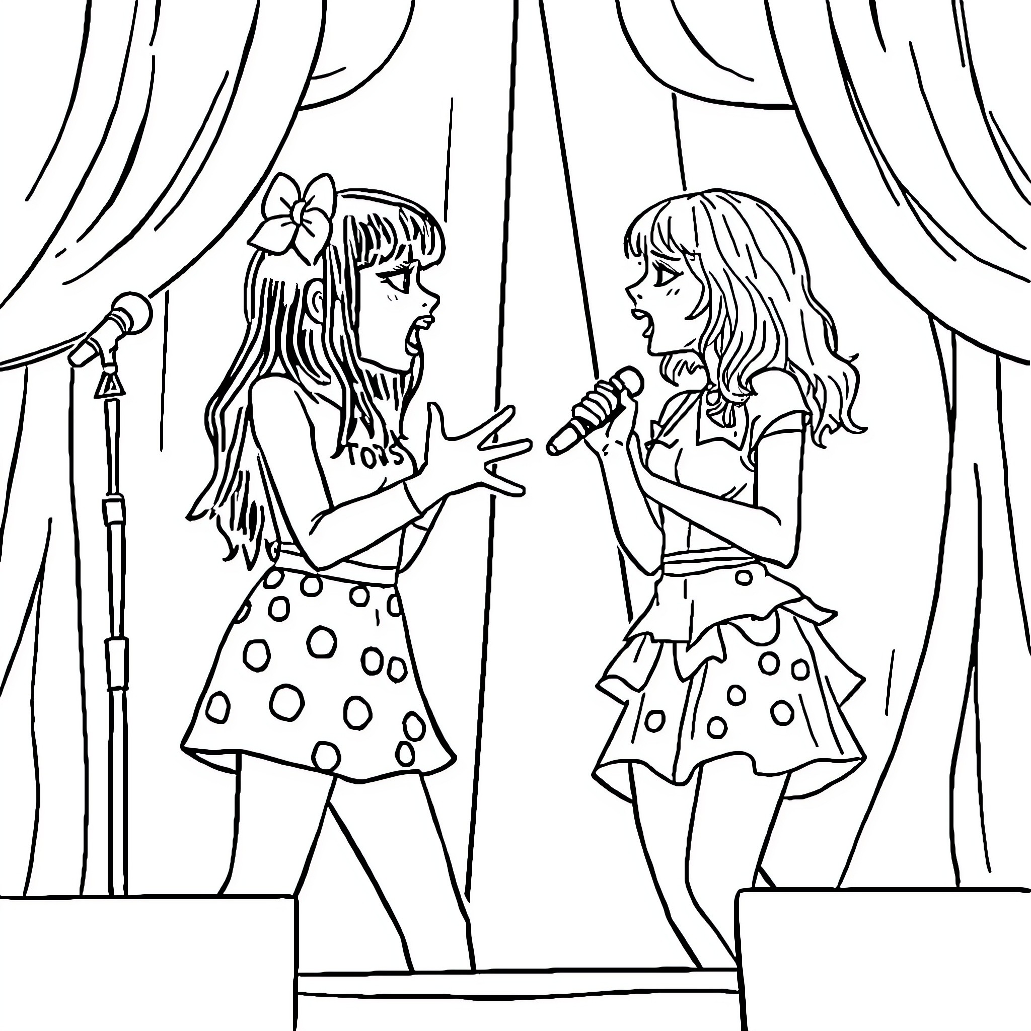 Melanie Martinez Performing on Stage with Backup Singers Coloring Page (free black-and-white line drawing printable PDF for all, from beginners to advanced learners, including children, teens, adults, and seniors)