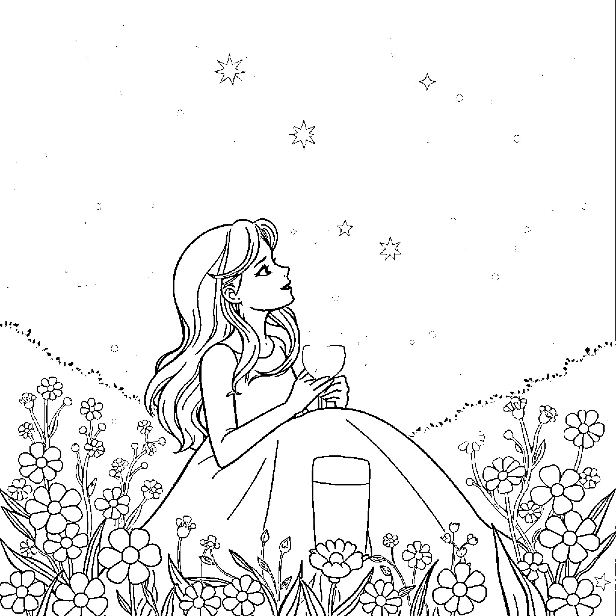 Lily and James gazing at the starry night sky Coloring Page (free black-and-white line drawing printable PDF for all, from beginners to advanced learners, including children, teens, adults, and seniors)