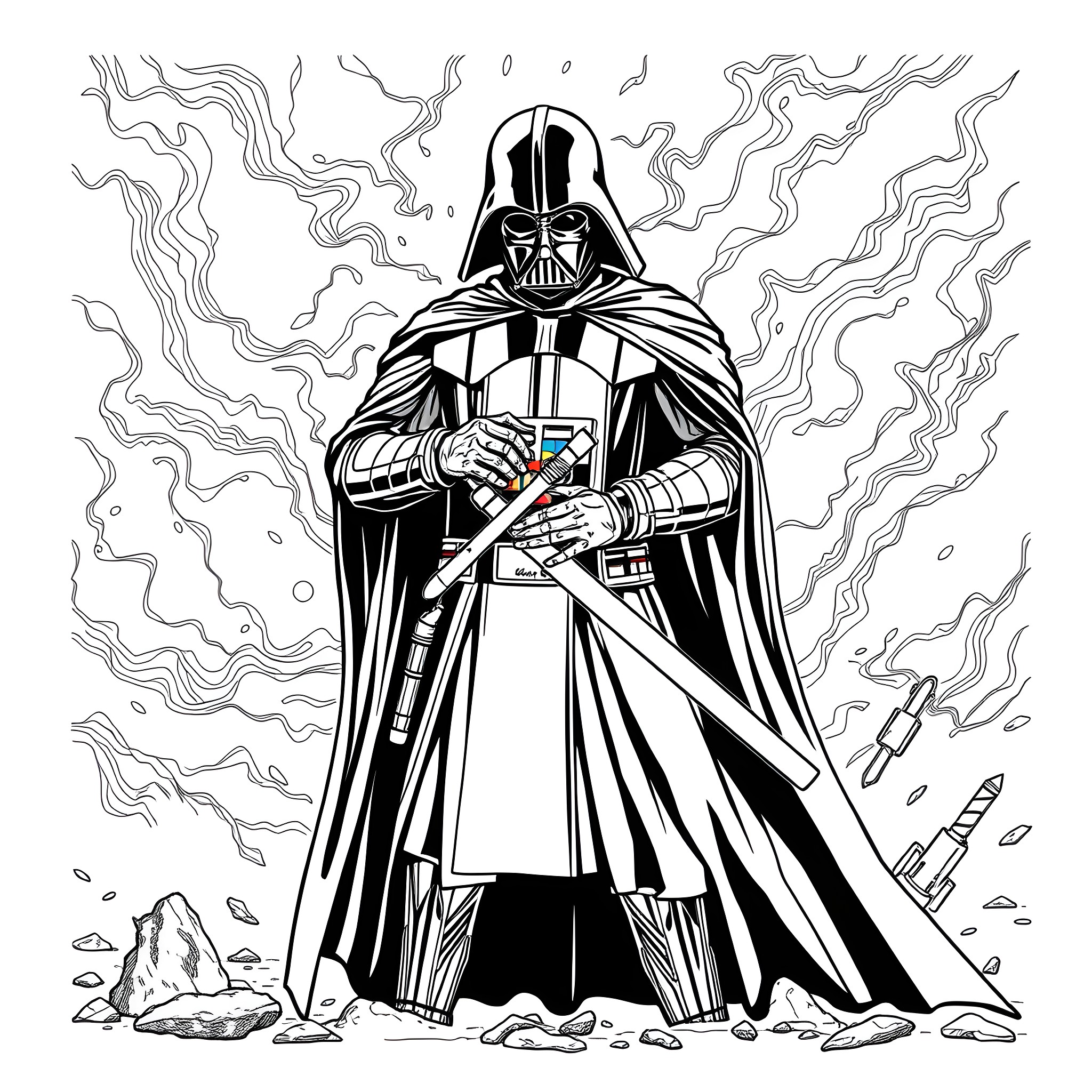Kylo Ren's Formidable Presence Coloring Page (free black-and-white line drawing printable PDF for all, from beginners to advanced learners, including children, teens, adults, and seniors)