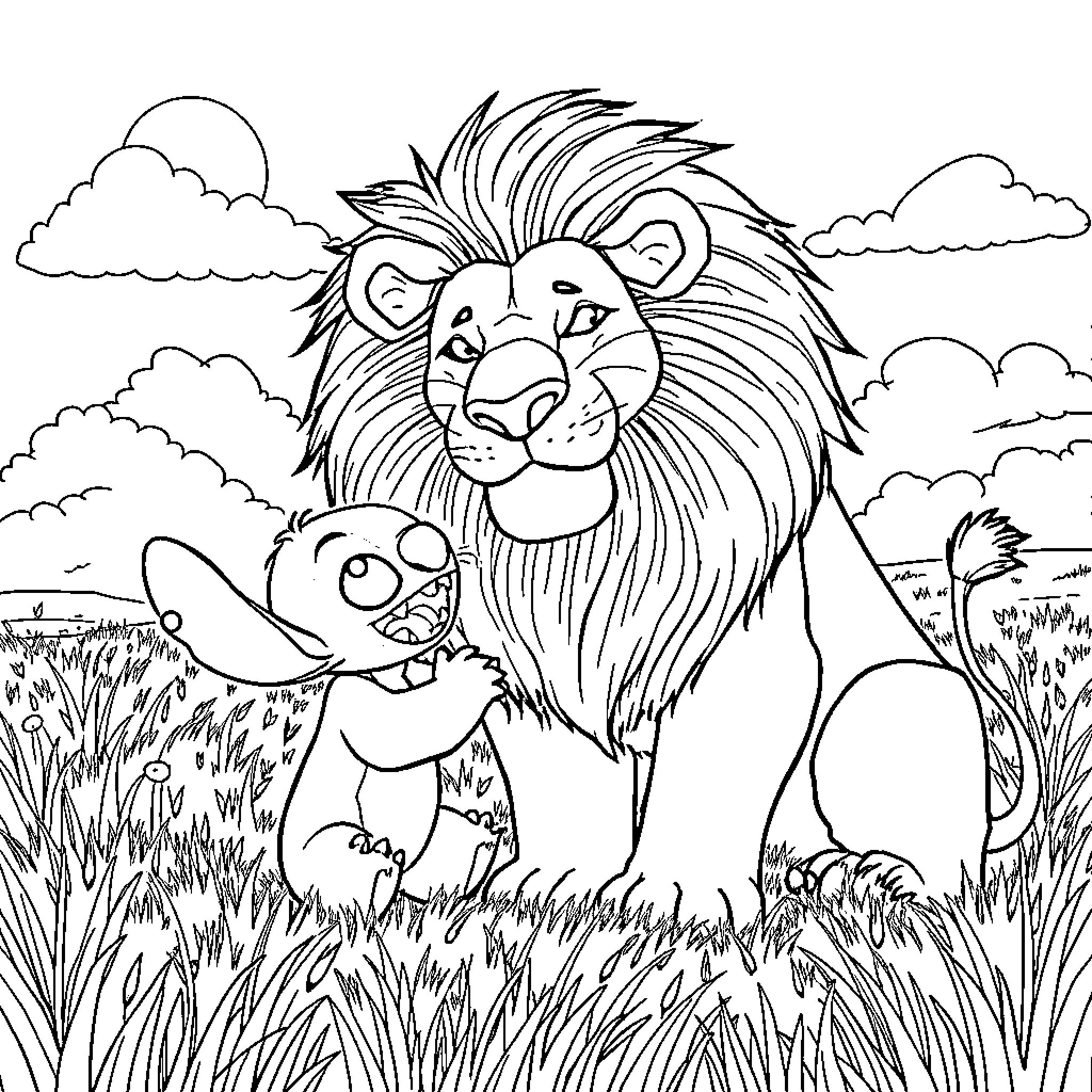 Stitch the Lion and his Companion Exploring the Grasslands Coloring Page (free black-and-white line drawing printable PDF for all, from beginners to advanced learners, including children, teens, adults, and seniors)