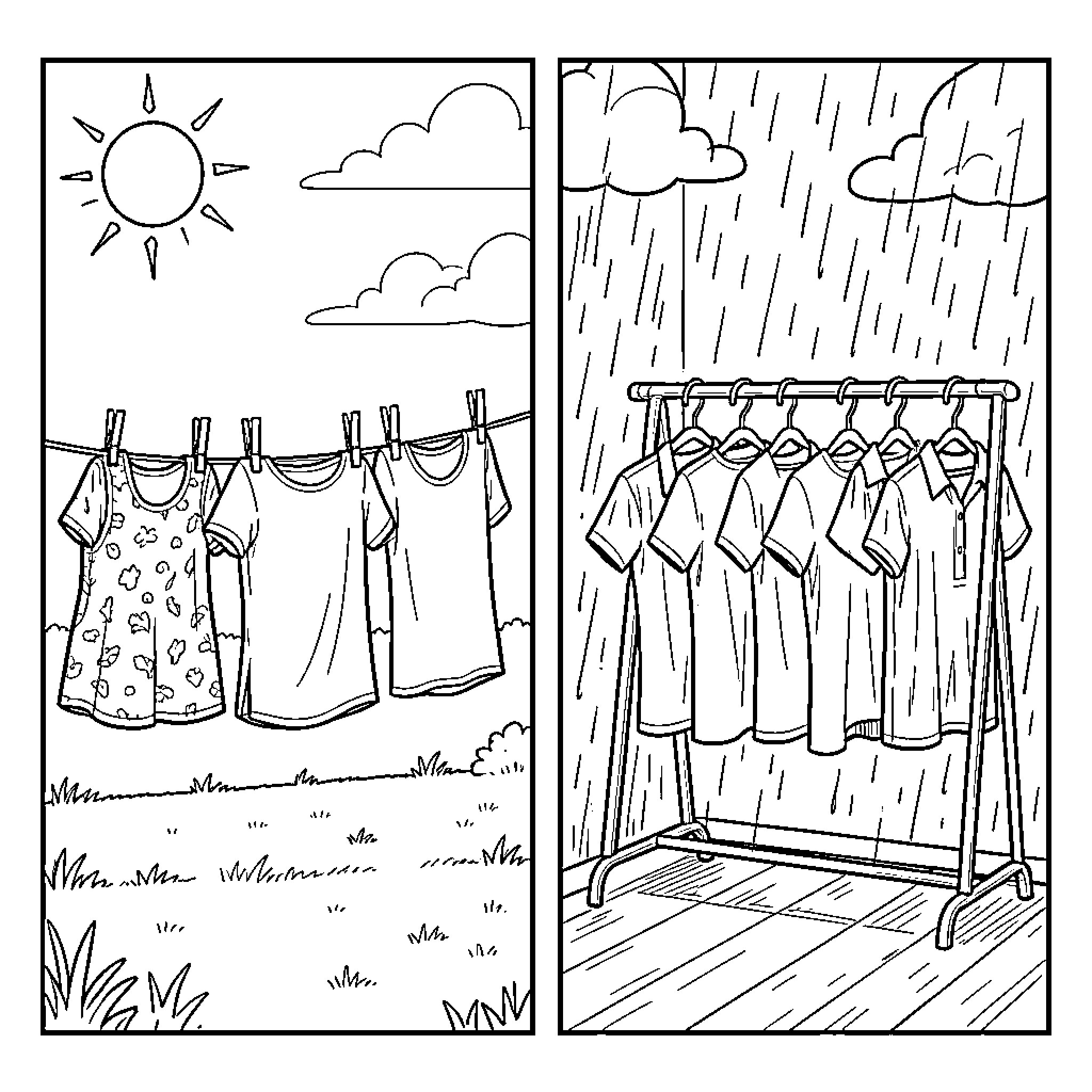 Clothes hanging on a line and a garment rack Coloring Page (free black-and-white line drawing printable PDF for all, from beginners to advanced learners, including children, teens, adults, and seniors)