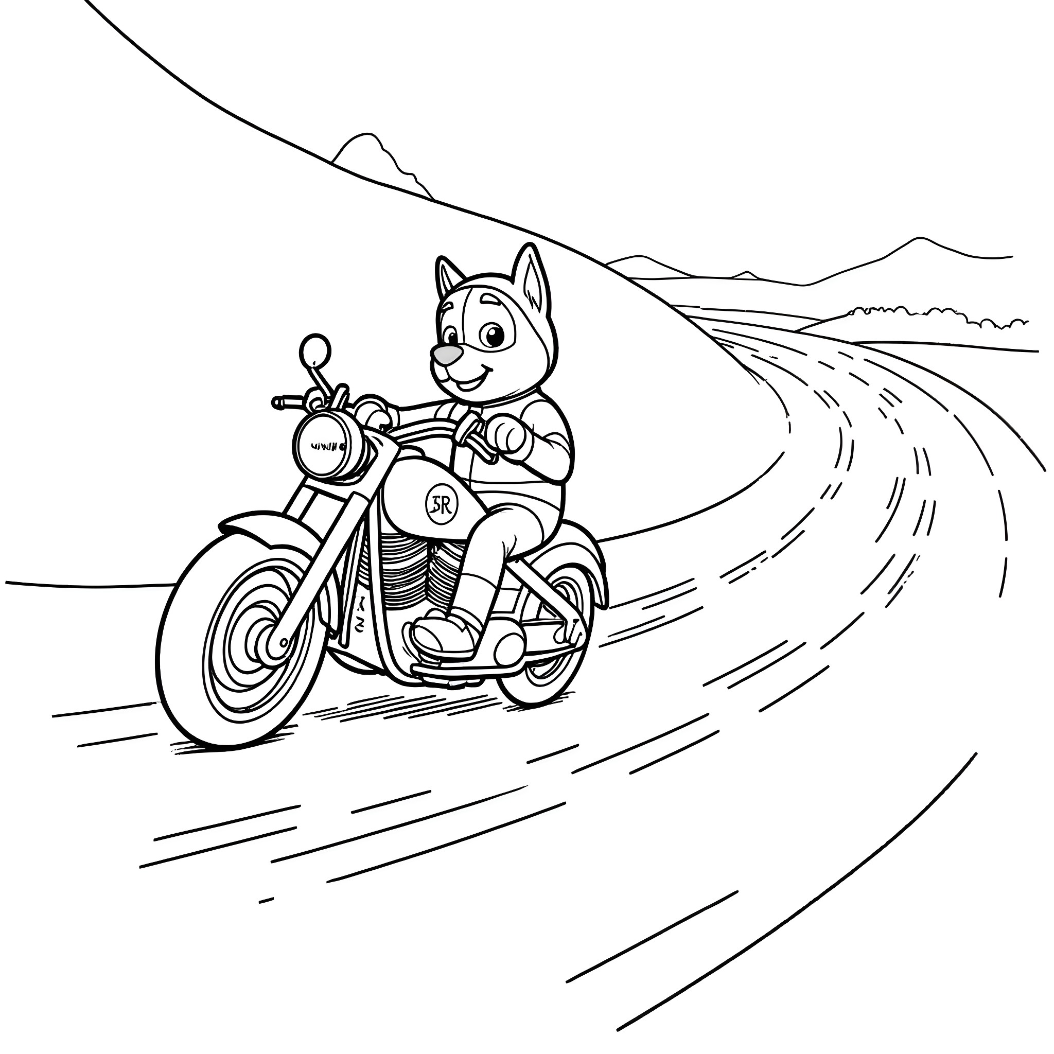 Marshall riding motorcycle on winding road Coloring Page (free black-and-white line drawing printable PDF for all, from beginners to advanced learners, including children, teens, adults, and seniors)