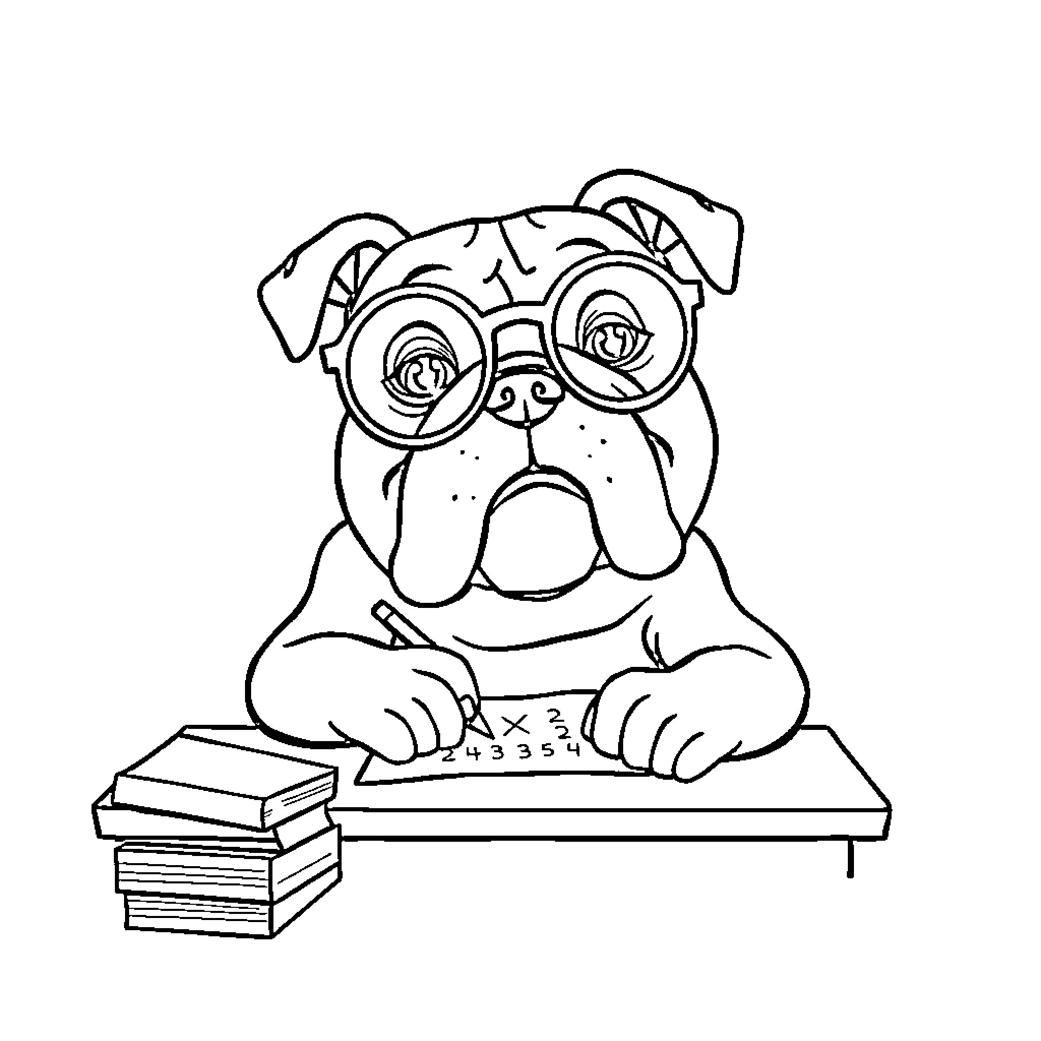 Bulldog studying math with calculator Coloring Page (free black-and-white line drawing printable PDF for all, from beginners to advanced learners, including children, teens, adults, and seniors)