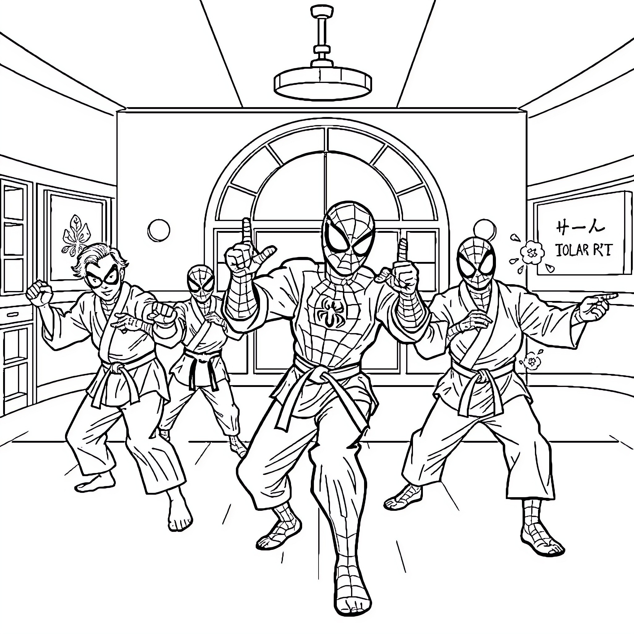 Spider-themed heroes in dynamic poses Coloring Page (free black-and-white line drawing printable PDF for all, from beginners to advanced learners, including children, teens, adults, and seniors)