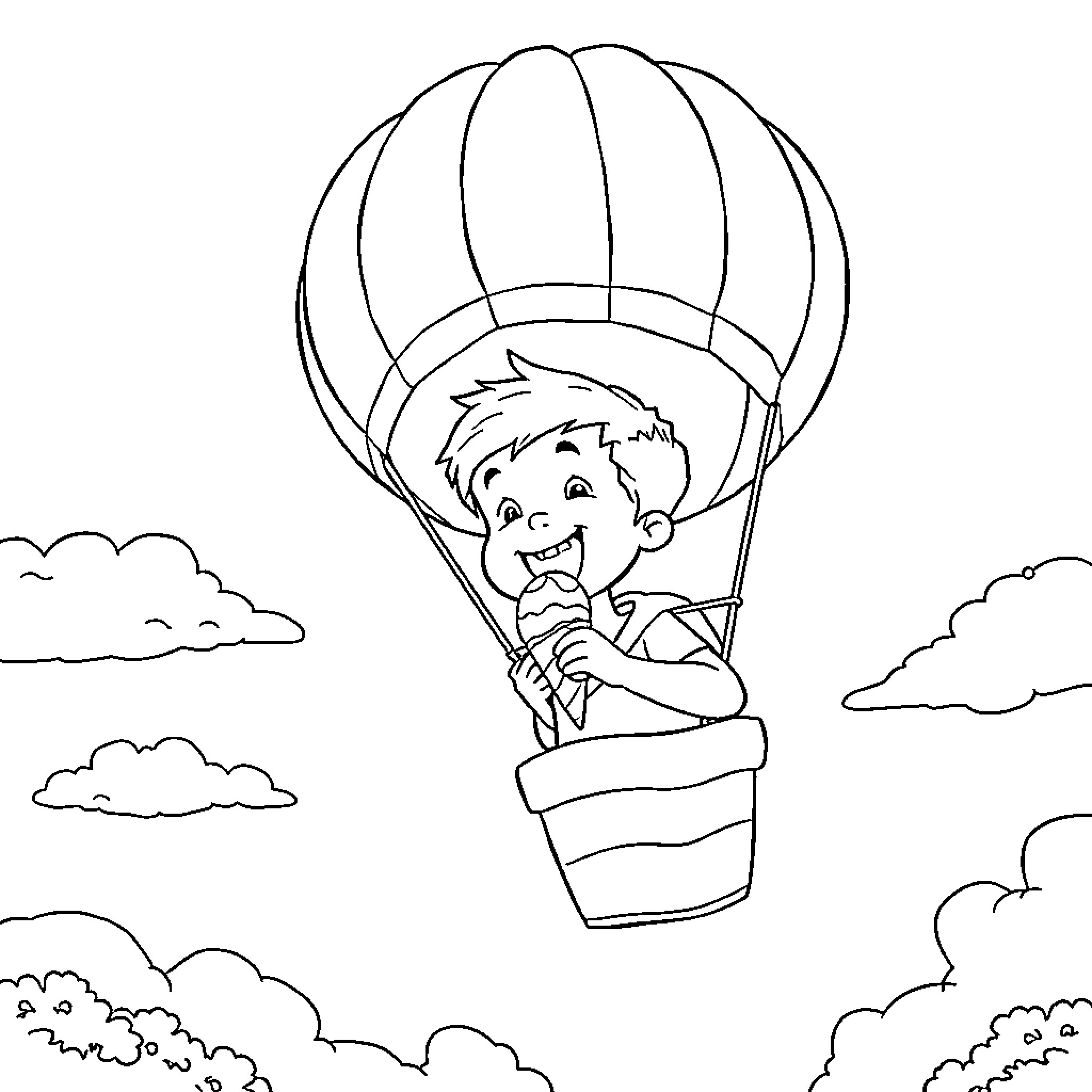 Boy riding hot air balloon with excitement Coloring Page (free black-and-white line drawing printable PDF for all, from beginners to advanced learners, including children, teens, adults, and seniors)
