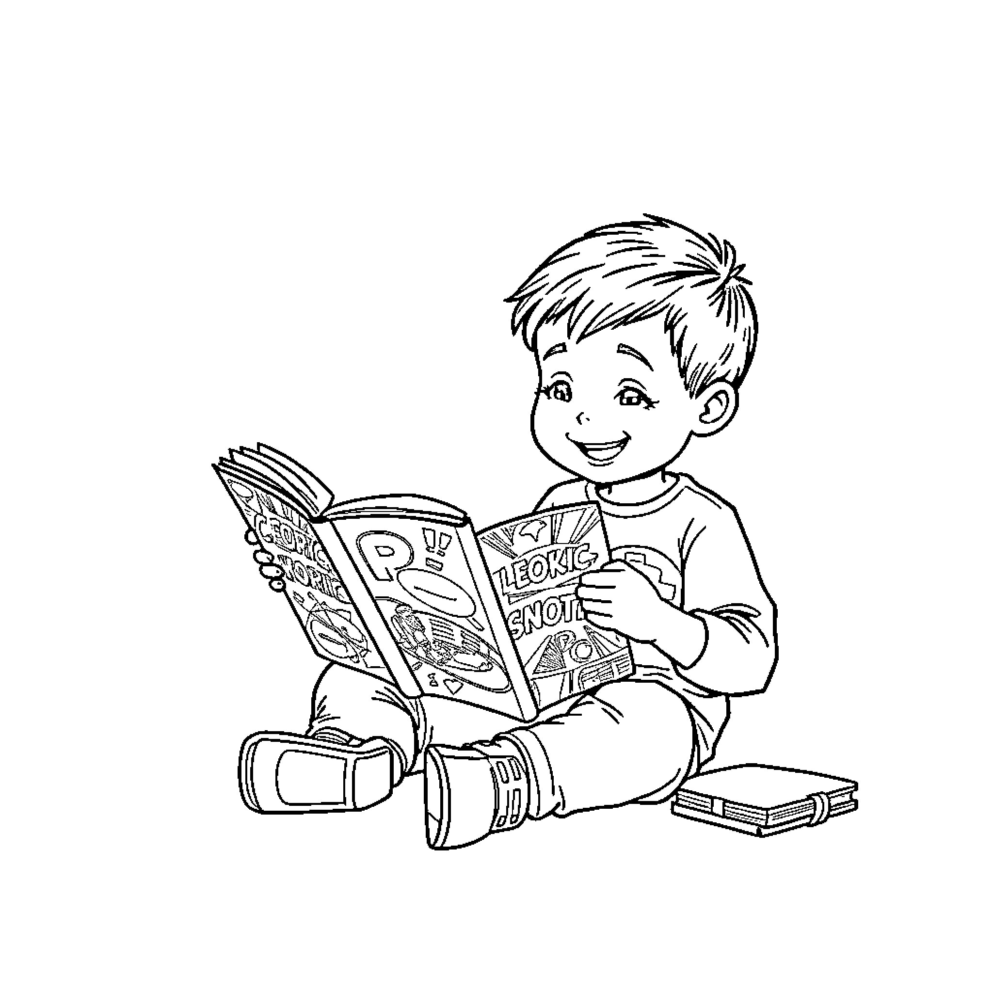 Boy Reading an Illustrated Book Happily Coloring Page (free black-and-white line drawing printable PDF for all, from beginners to advanced learners, including children, teens, adults, and seniors)