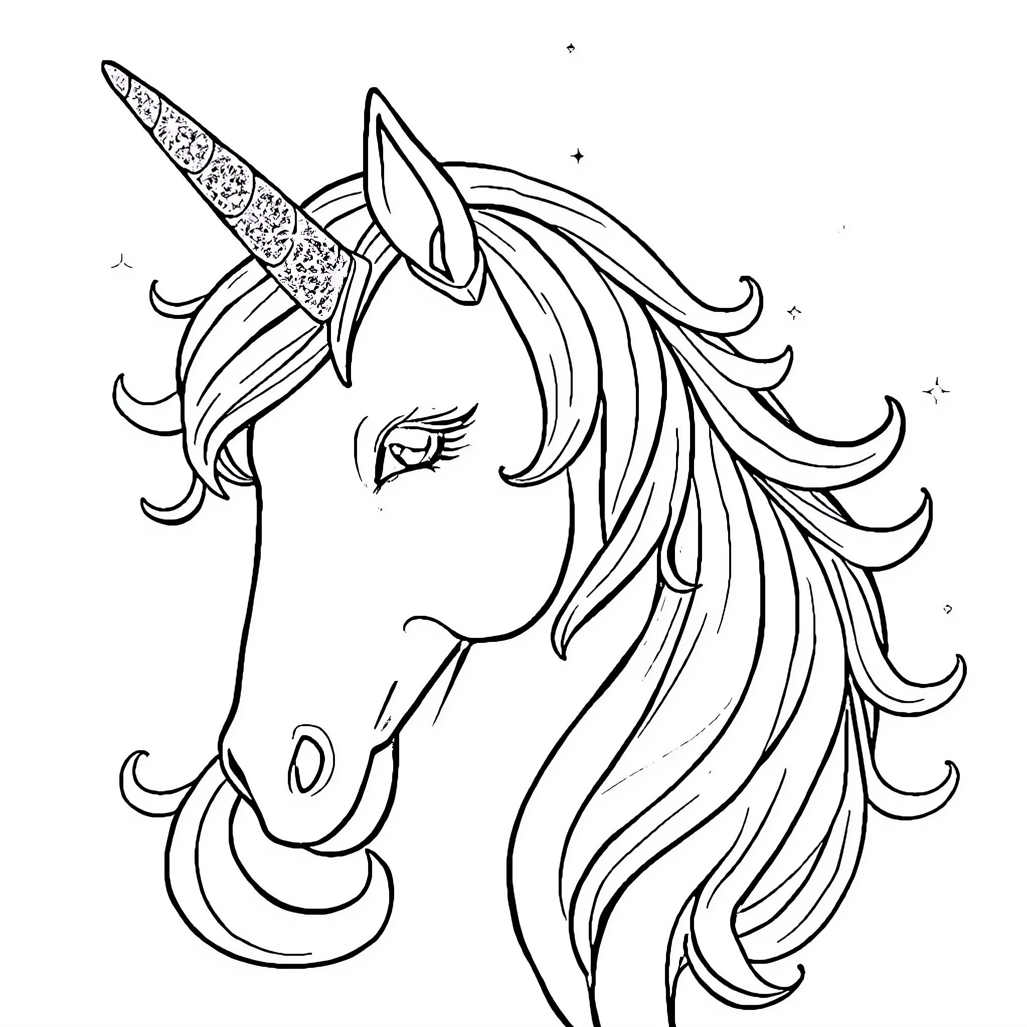 Unicorn with flowing mane and horn Coloring Page (free black-and-white line drawing printable PDF for all, from beginners to advanced learners, including children, teens, adults, and seniors)