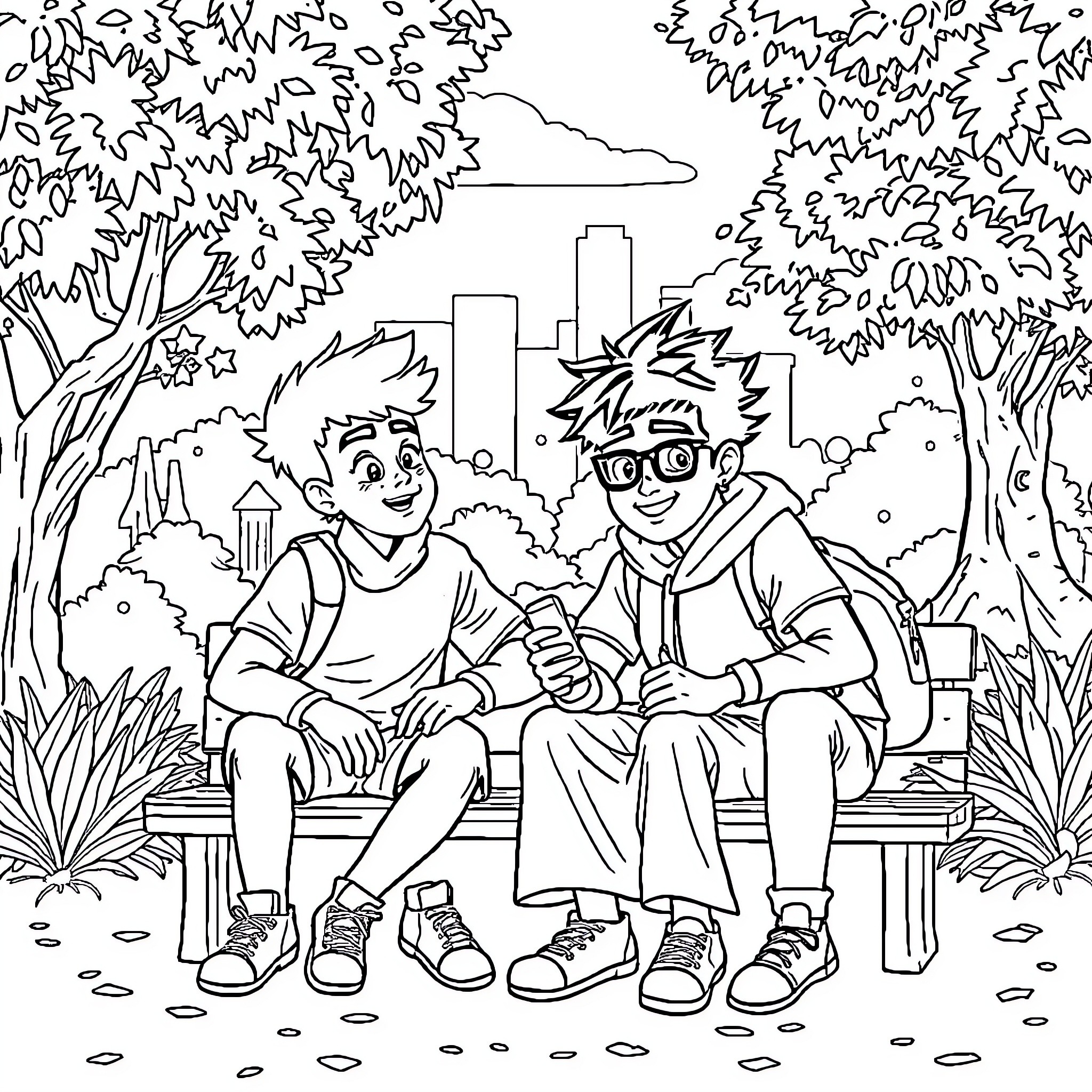 Huntrix and Saja Boys Enjoying Outdoor Friendship Coloring Page (free black-and-white line drawing printable PDF for all, from beginners to advanced learners, including children, teens, adults, and seniors)